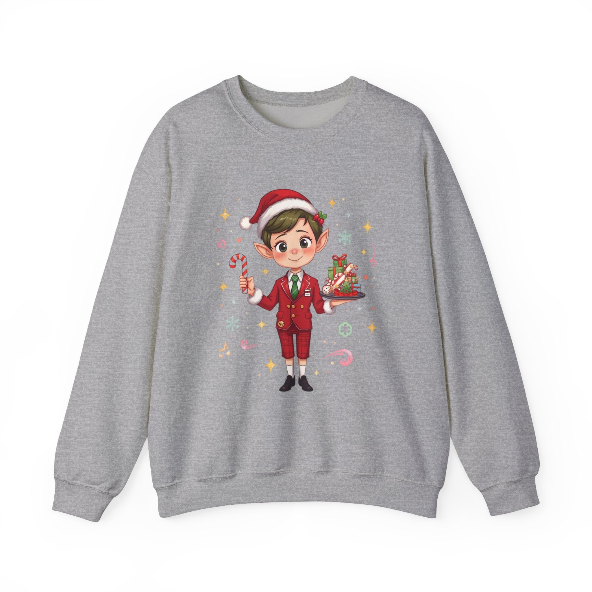 Christmas Cabin Elf Crewneck Sweatshirt — Cute Holiday Elf Holding Candy Cane & Gifts
