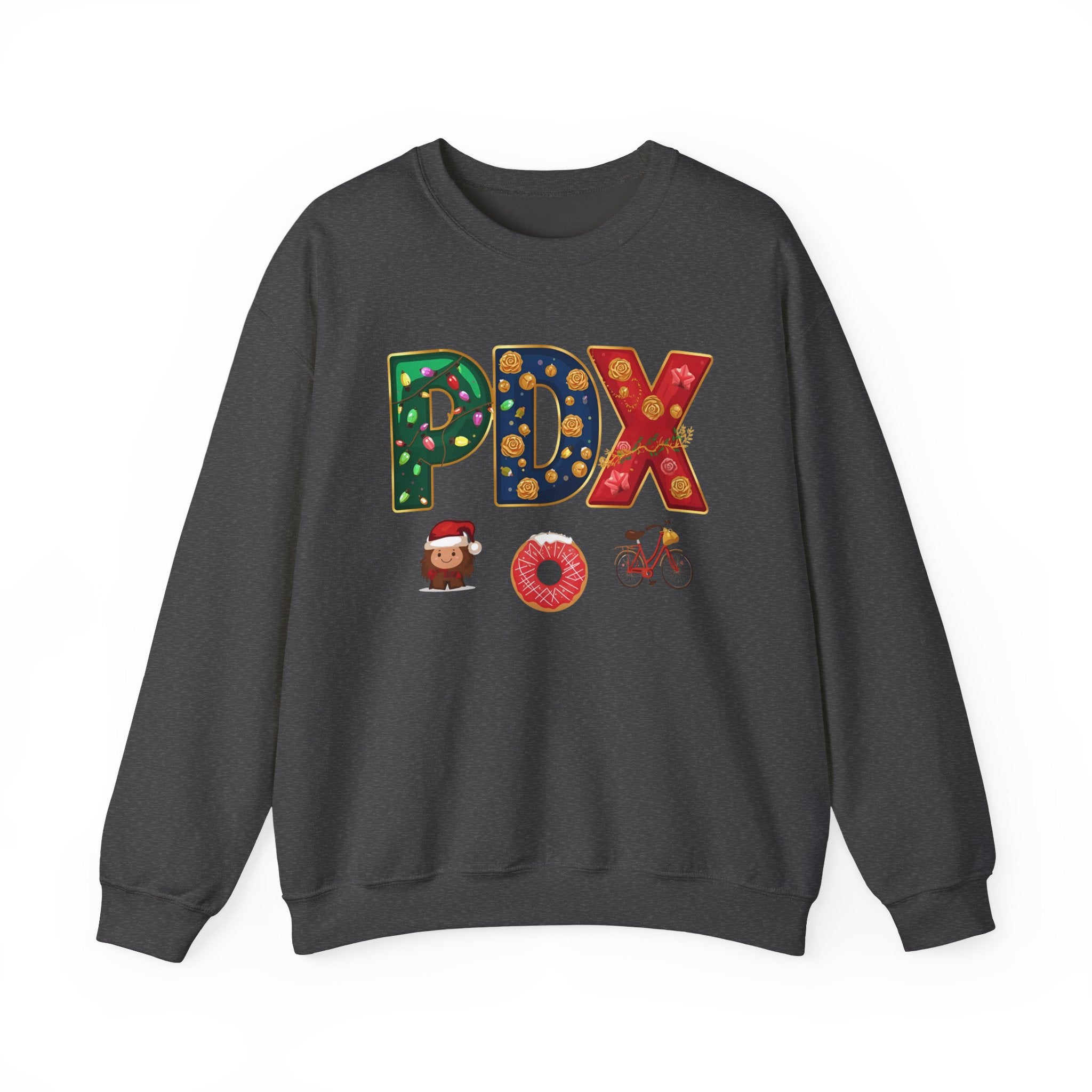 PDX Christmas Sweatshirt – Festive Holiday Letter Art Crewneck | Winter Travel Gift | Gildan 18000