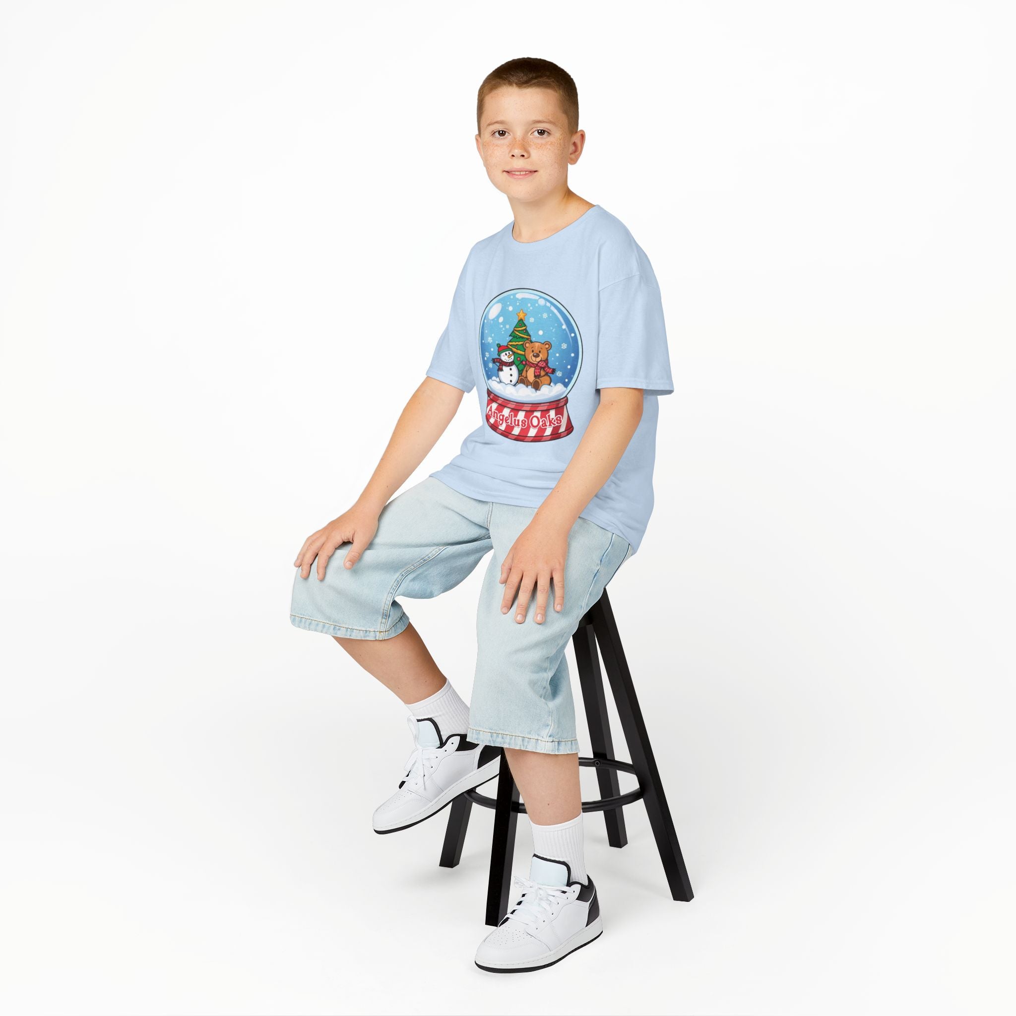 Kids Angelus Oaks Christmas Shirt – Snow Globe Bear & Snowman Youth Tee | Cute Winter Holiday Shirt | Gildan 5000B