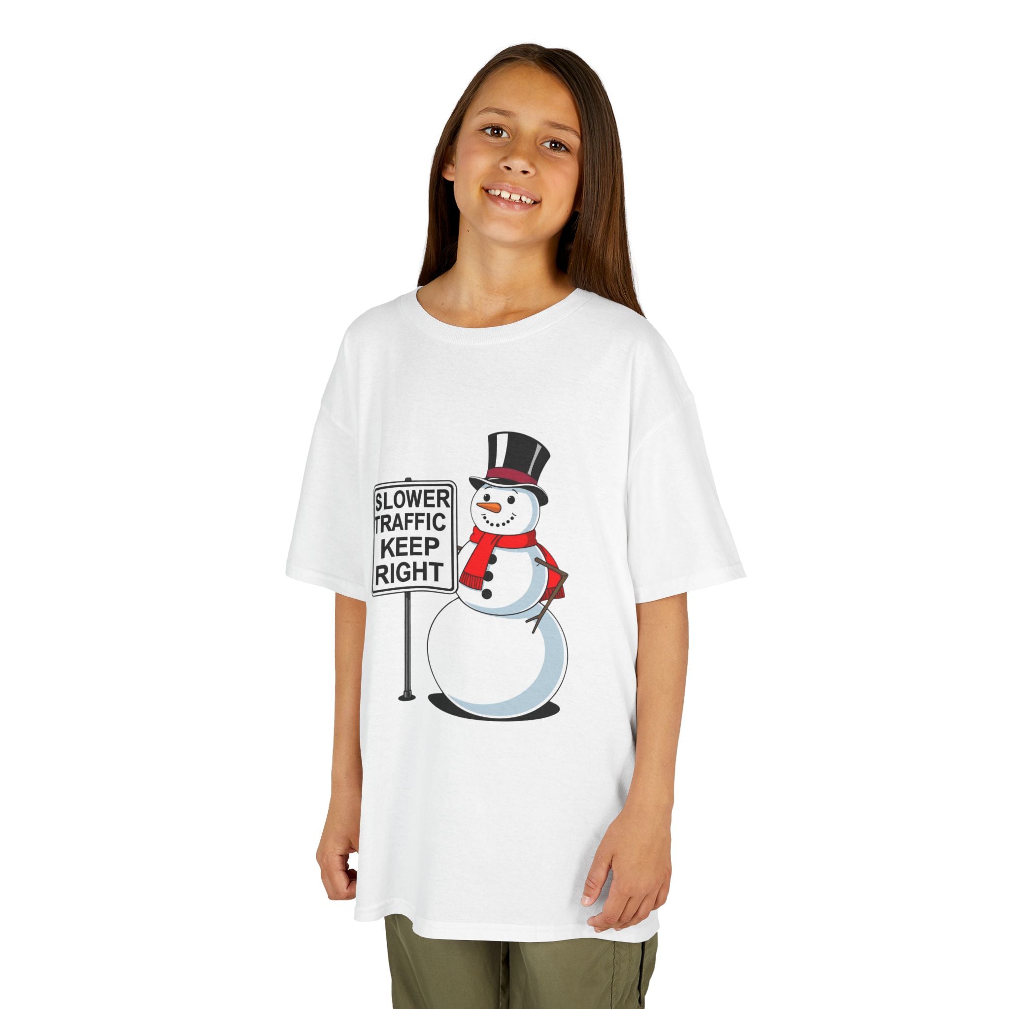 Kids Snowman Slower Traffic Keep Right Shirt – Funny Christmas Road Sign Tee | Holiday Snowman Humor Top | Gildan 5000B