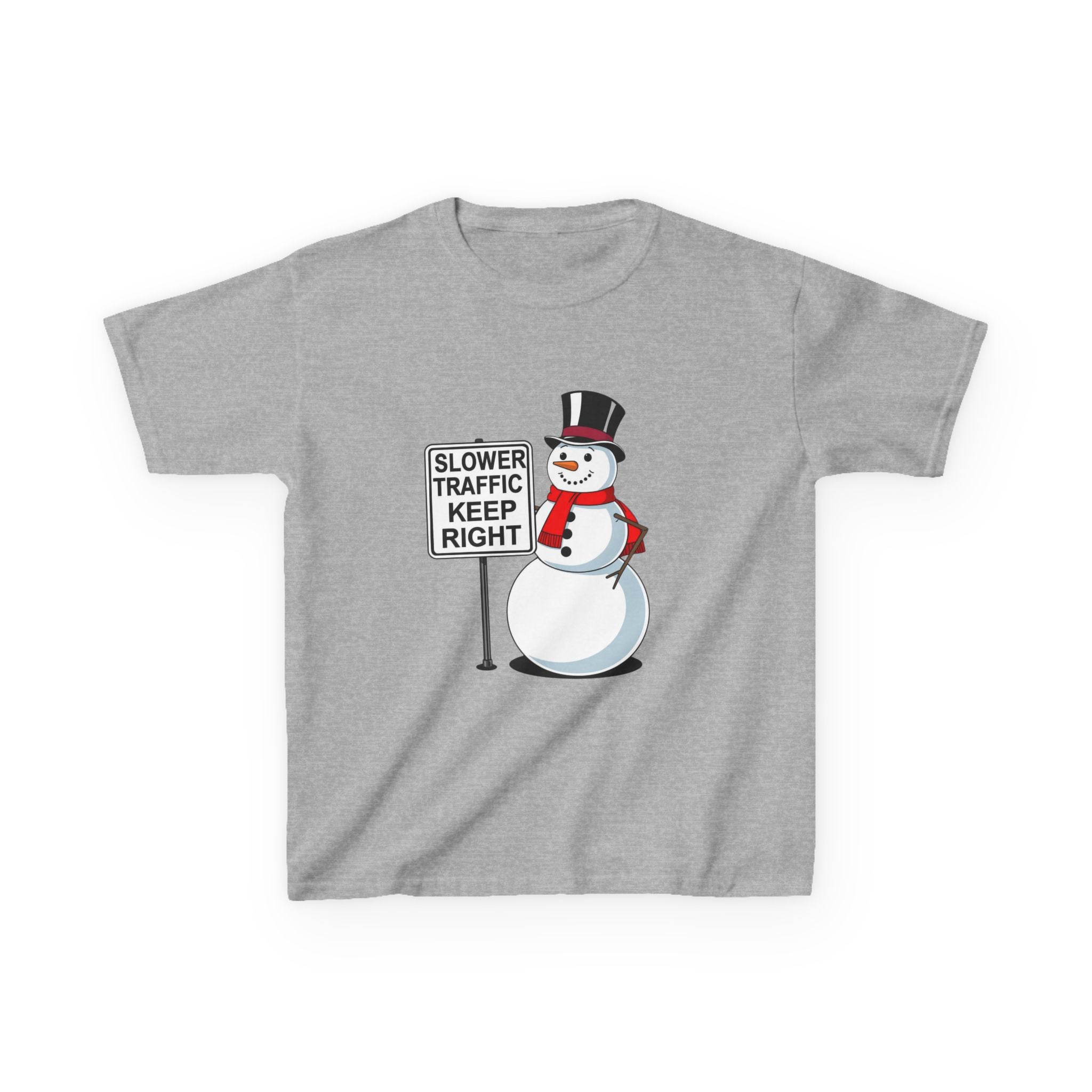 Kids Snowman Slower Traffic Keep Right Shirt – Funny Christmas Road Sign Tee | Holiday Snowman Humor Top | Gildan 5000B
