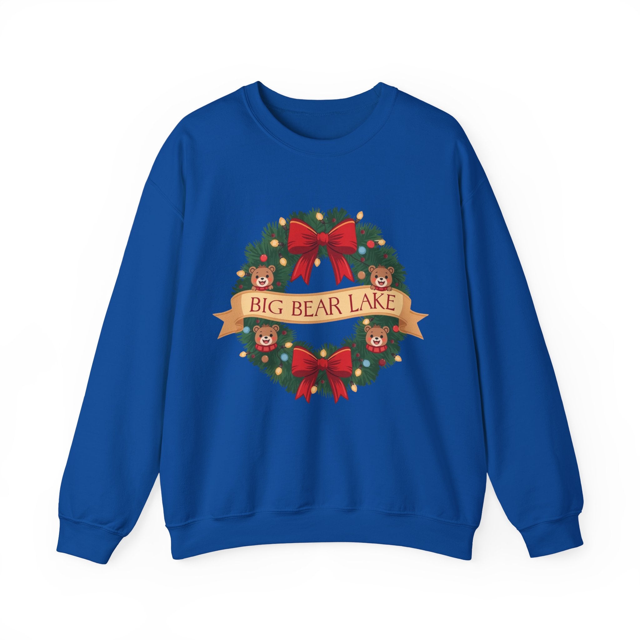 Big Bear Lake Christmas Wreath Sweatshirt — Cute Holiday Bears & Lights | Gildan 18000