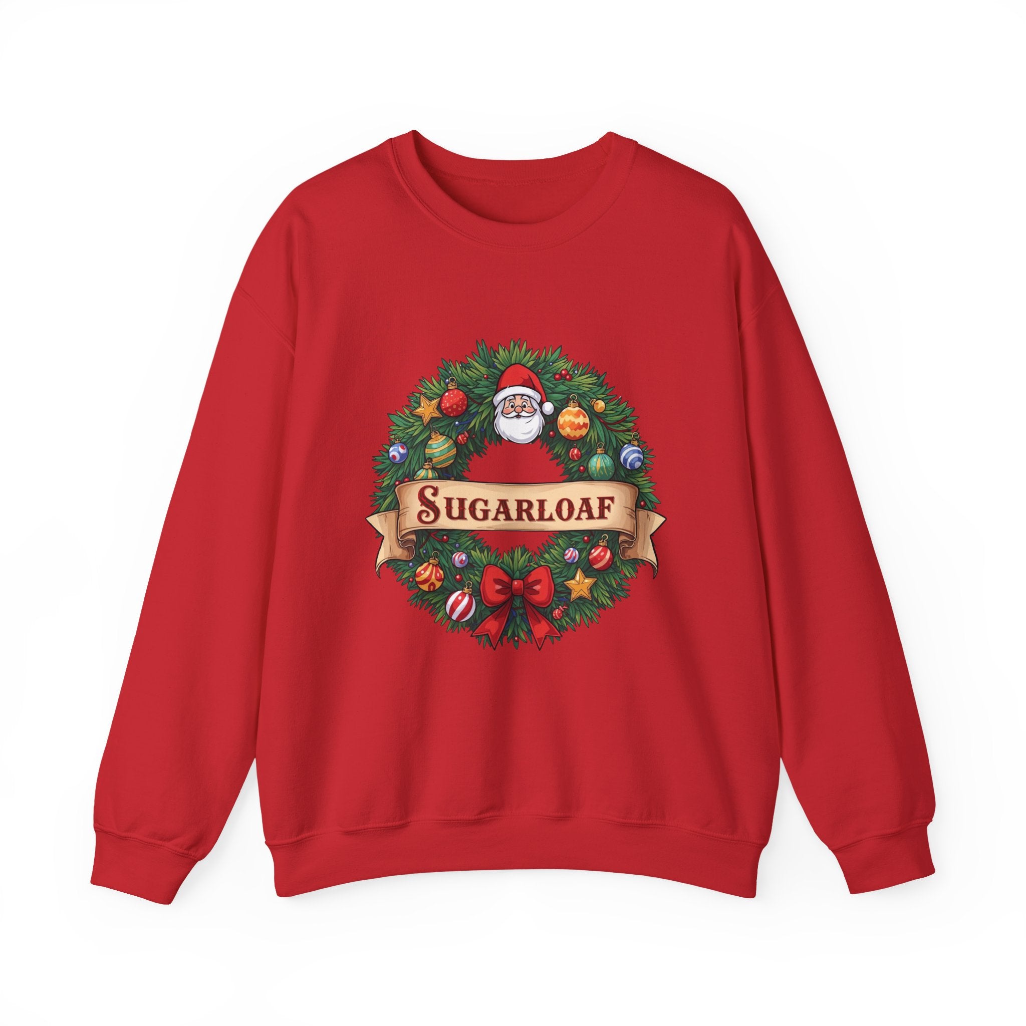 Sugarloaf Christmas Sweatshirt  – Festive Santa Wreath & Ornaments Tee | Mountain Town Christmas Gift | Gildan 18000