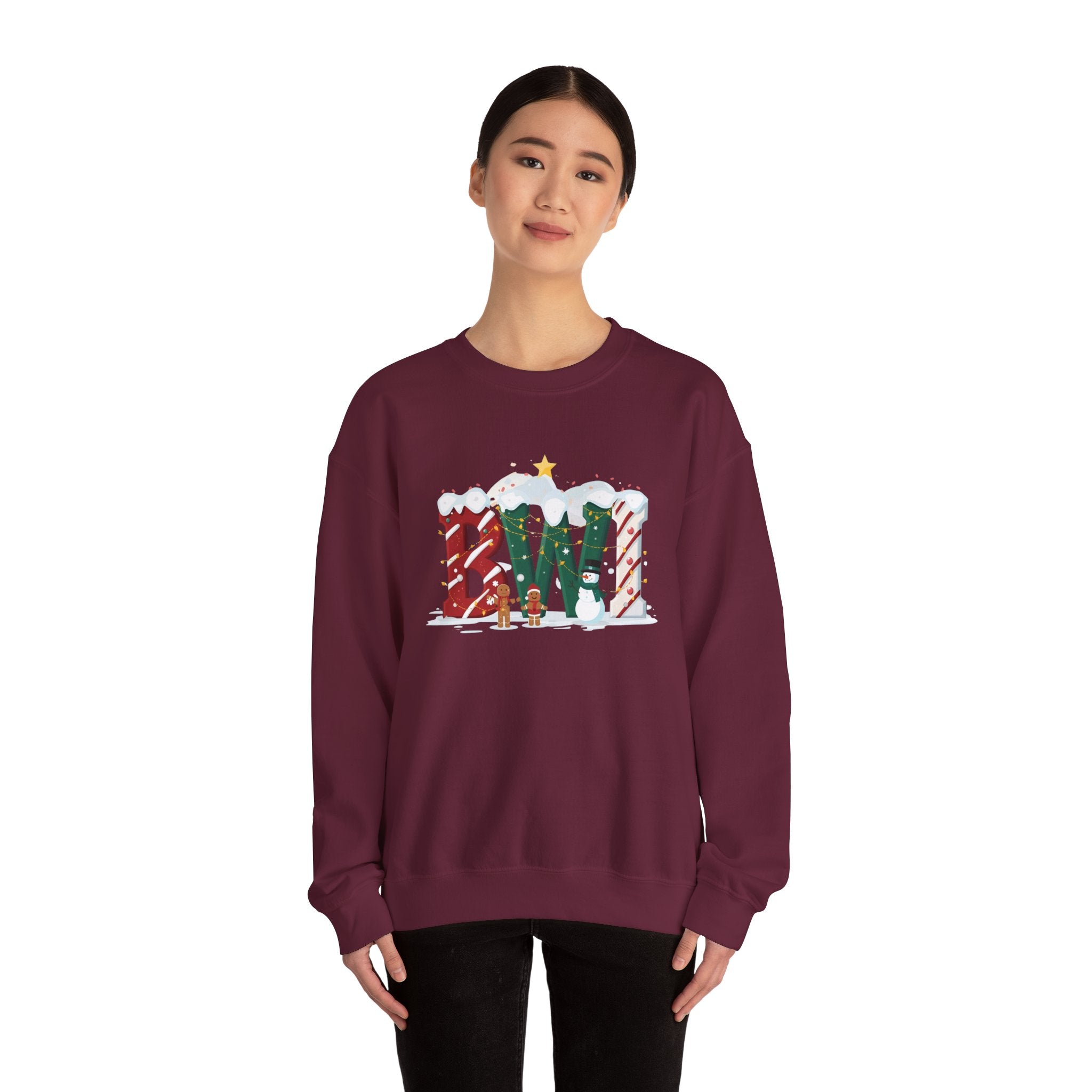 BWI Christmas Sweatshirt – Festive Holiday Letter Art Tee | Christmas Gift | Gildan 18000