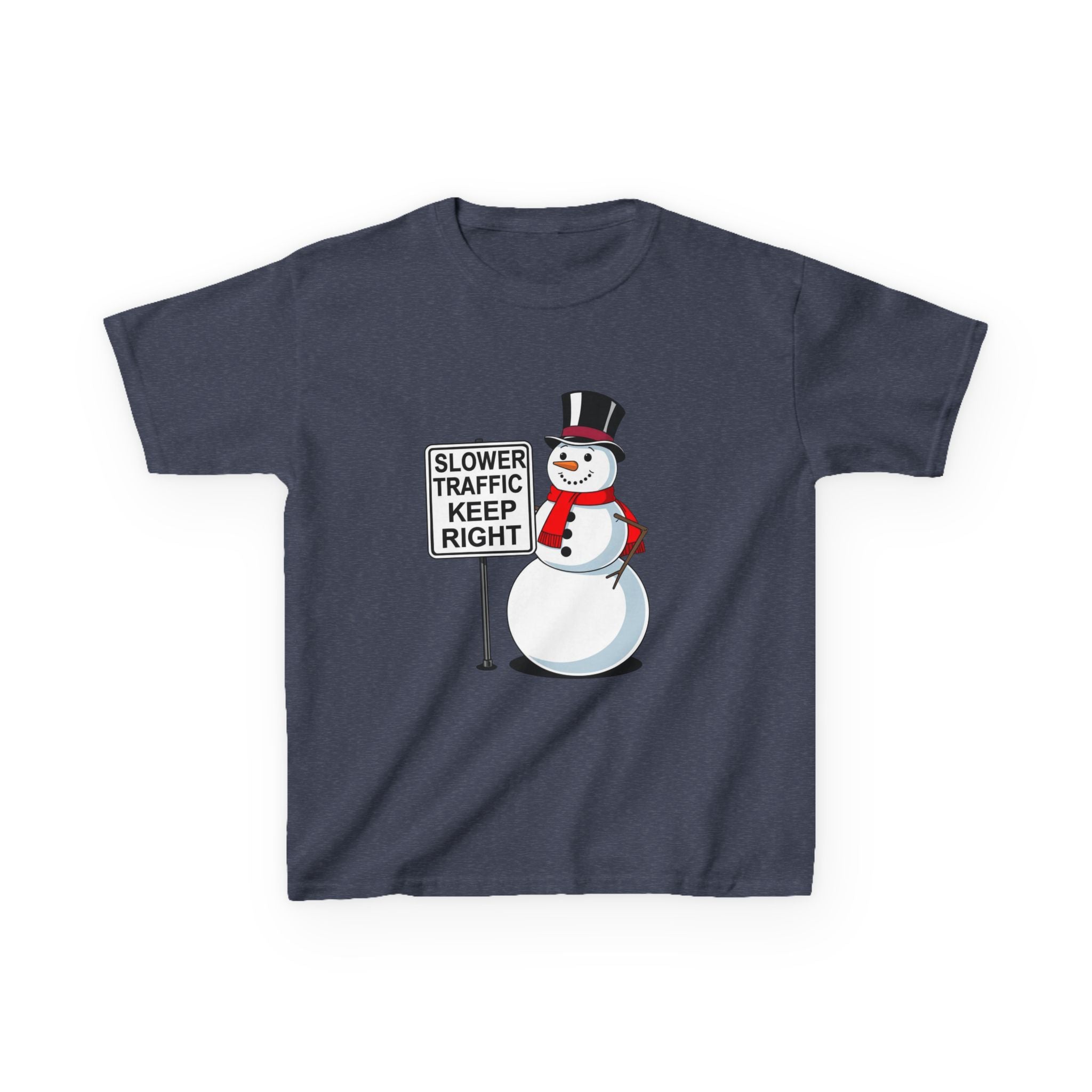 Kids Snowman Slower Traffic Keep Right Shirt – Funny Christmas Road Sign Tee | Holiday Snowman Humor Top | Gildan 5000B