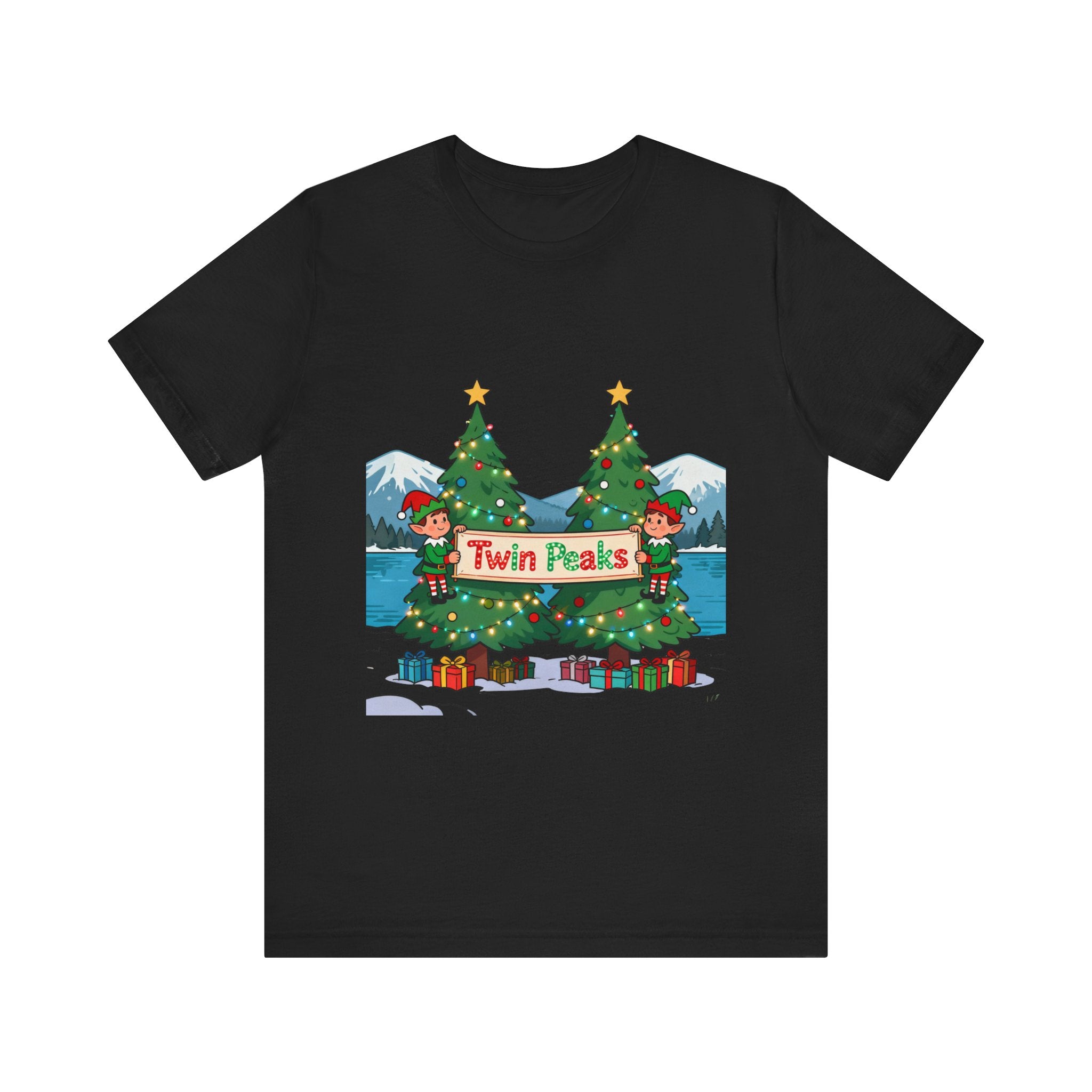 Twin Peaks Christmas Shirt – Festive Elves and Twin Trees Lights Tee | Mountain Town Christmas Gift | Bella Canvas 3001