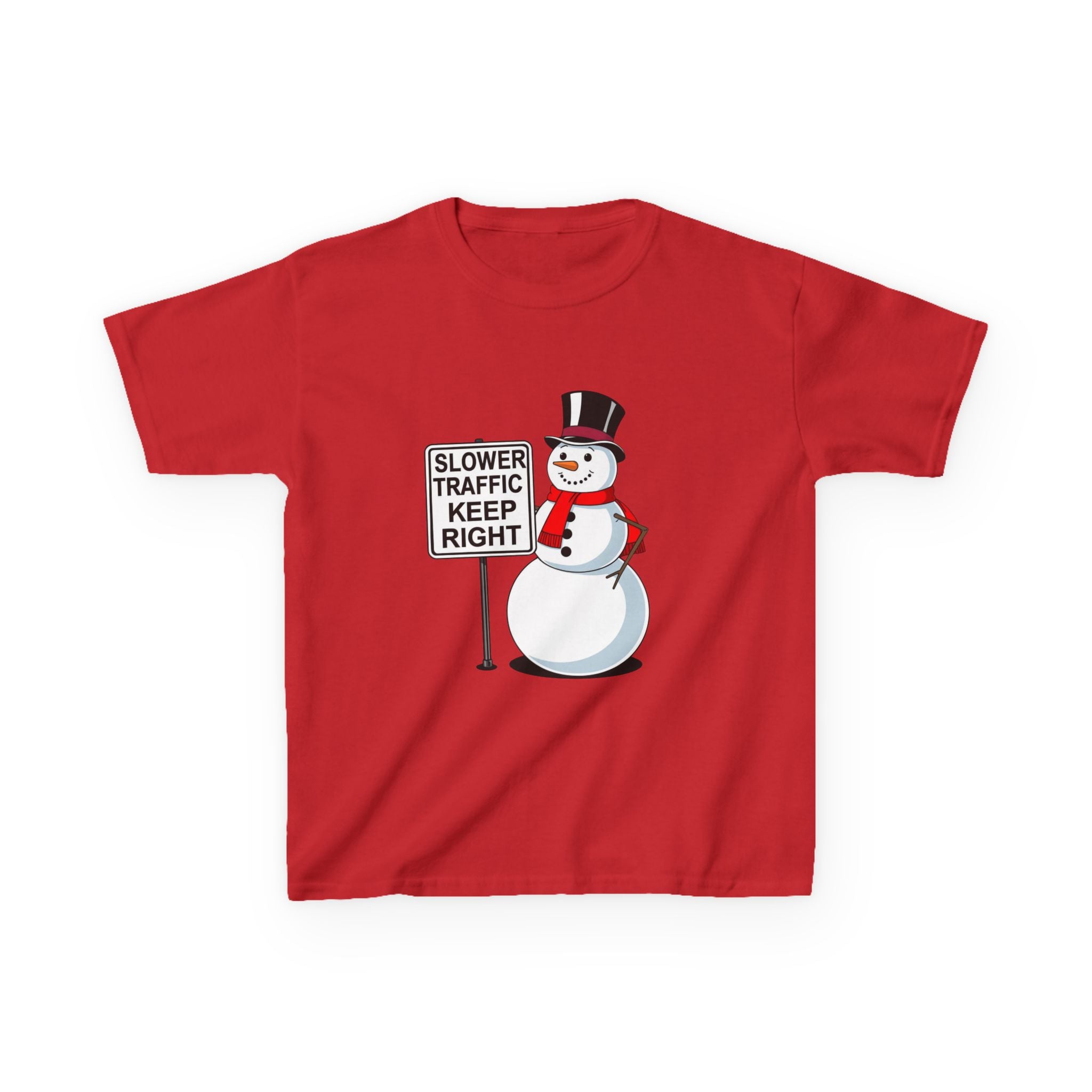 Kids Snowman Slower Traffic Keep Right Shirt – Funny Christmas Road Sign Tee | Holiday Snowman Humor Top | Gildan 5000B