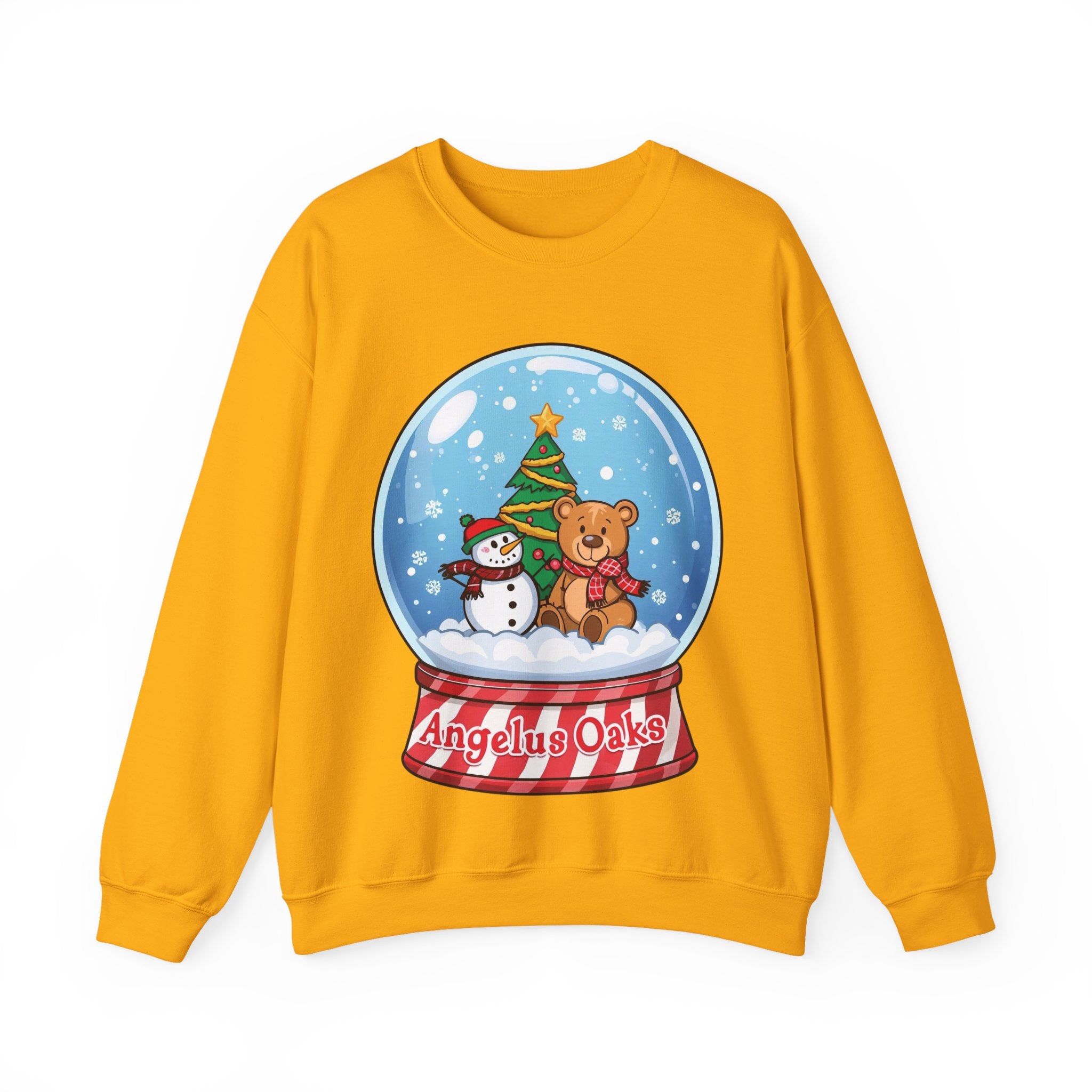 Angelus Oaks Christmas Sweatshirt – Snow Globe Bear & Snowman Crewneck | Cozy Mountain Town Holiday Sweater | Gildan 18000