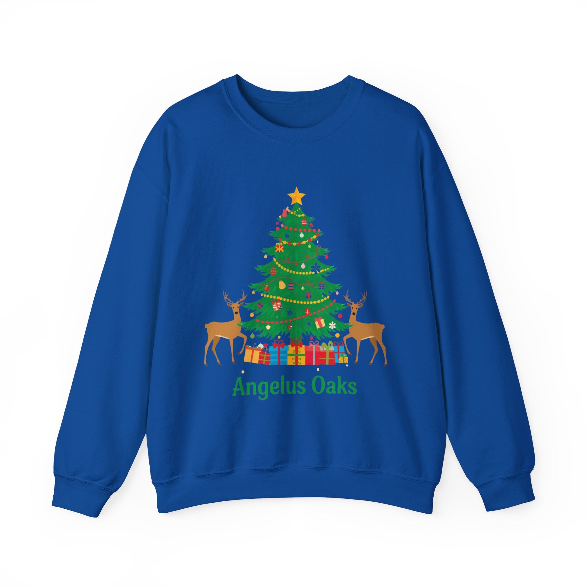 Angelus Oaks Christmas Sweatshirt – Christmas Tree & Deer Holiday Crewneck | Mountain Town Christmas Sweater | Gildan 18000