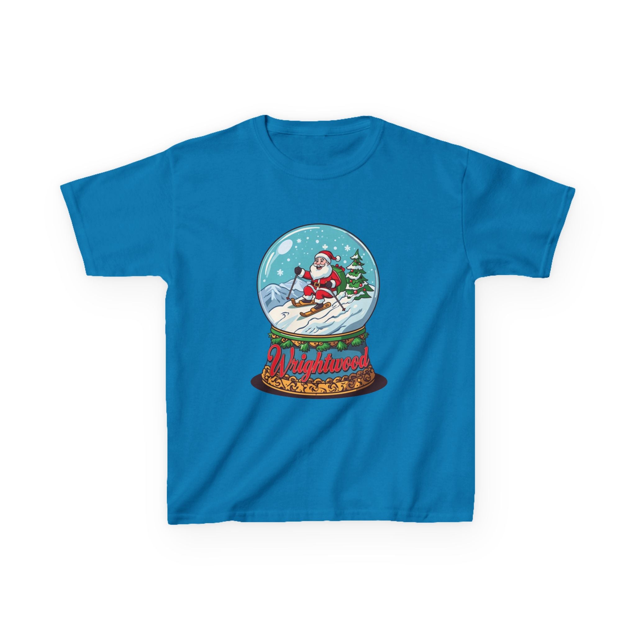 Wrightwood Christmas Kids Shirt – Cute Skiing Santa Snow Globe Tee | Mountain Town Christmas Gift for Kids | Gildan 5000B