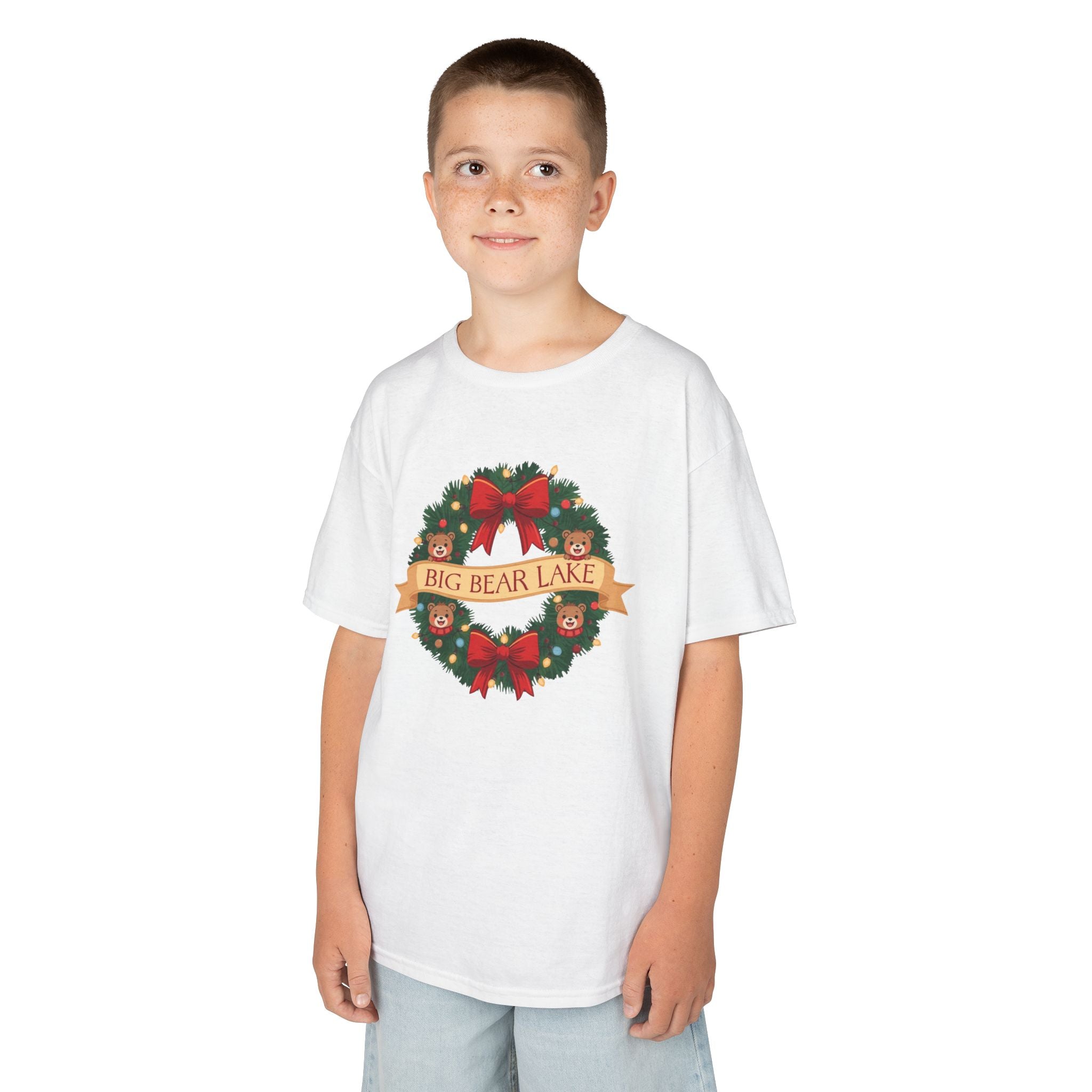 Kids Big Bear Lake Christmas Wreath Shirt — Cute Holiday Bears T-Shirt | Gildan 5000B