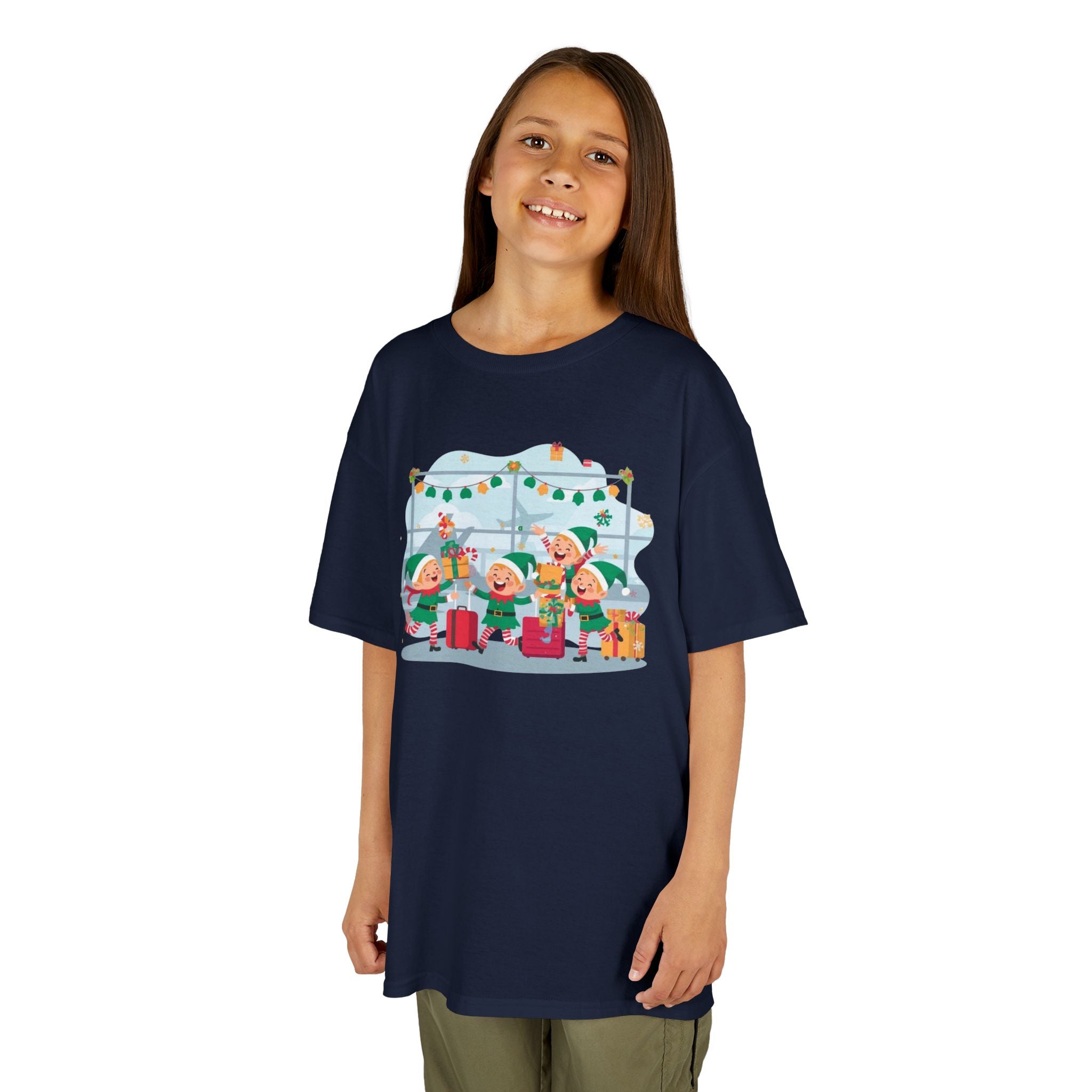 Kids Christmas Elves Airport Shirt — Cute Holiday Travel T-Shirt | Gildan 5000B
