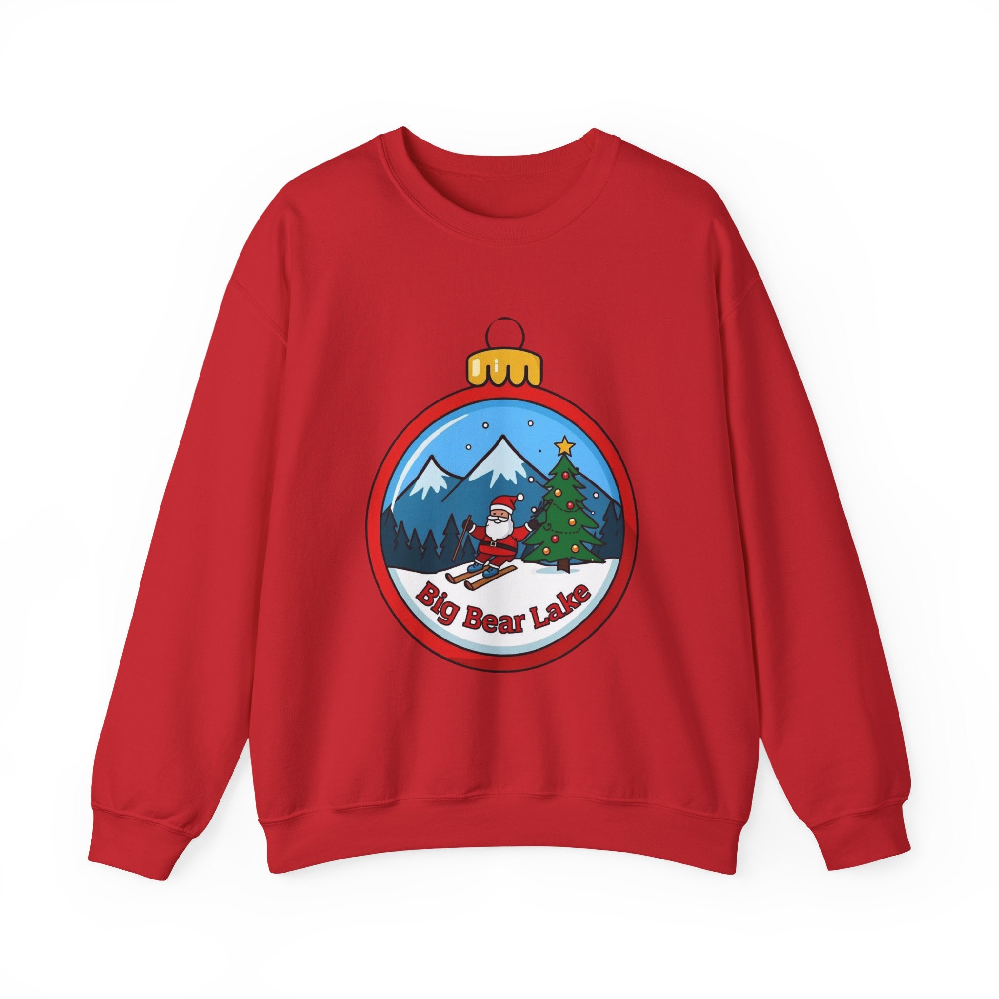 Big Bear Lake Skiing Santa Ornament Sweatshirt — Christmas Mountain Crewneck | Gildan 18000