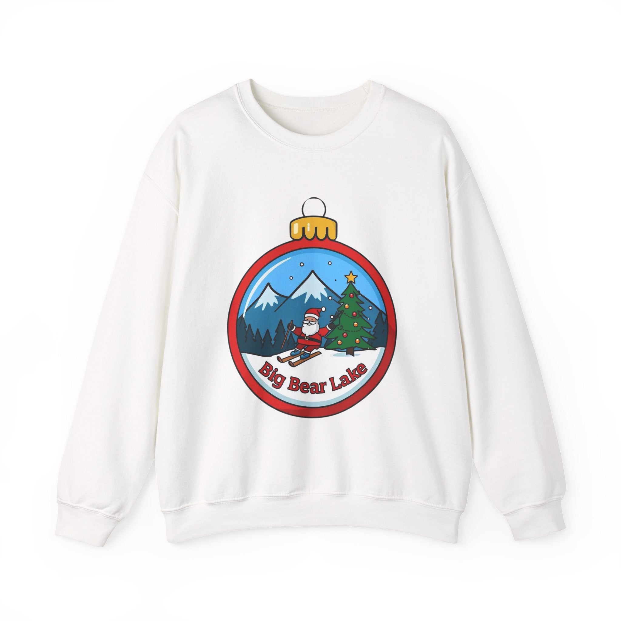 Big Bear Lake Skiing Santa Ornament Sweatshirt — Christmas Mountain Crewneck | Gildan 18000