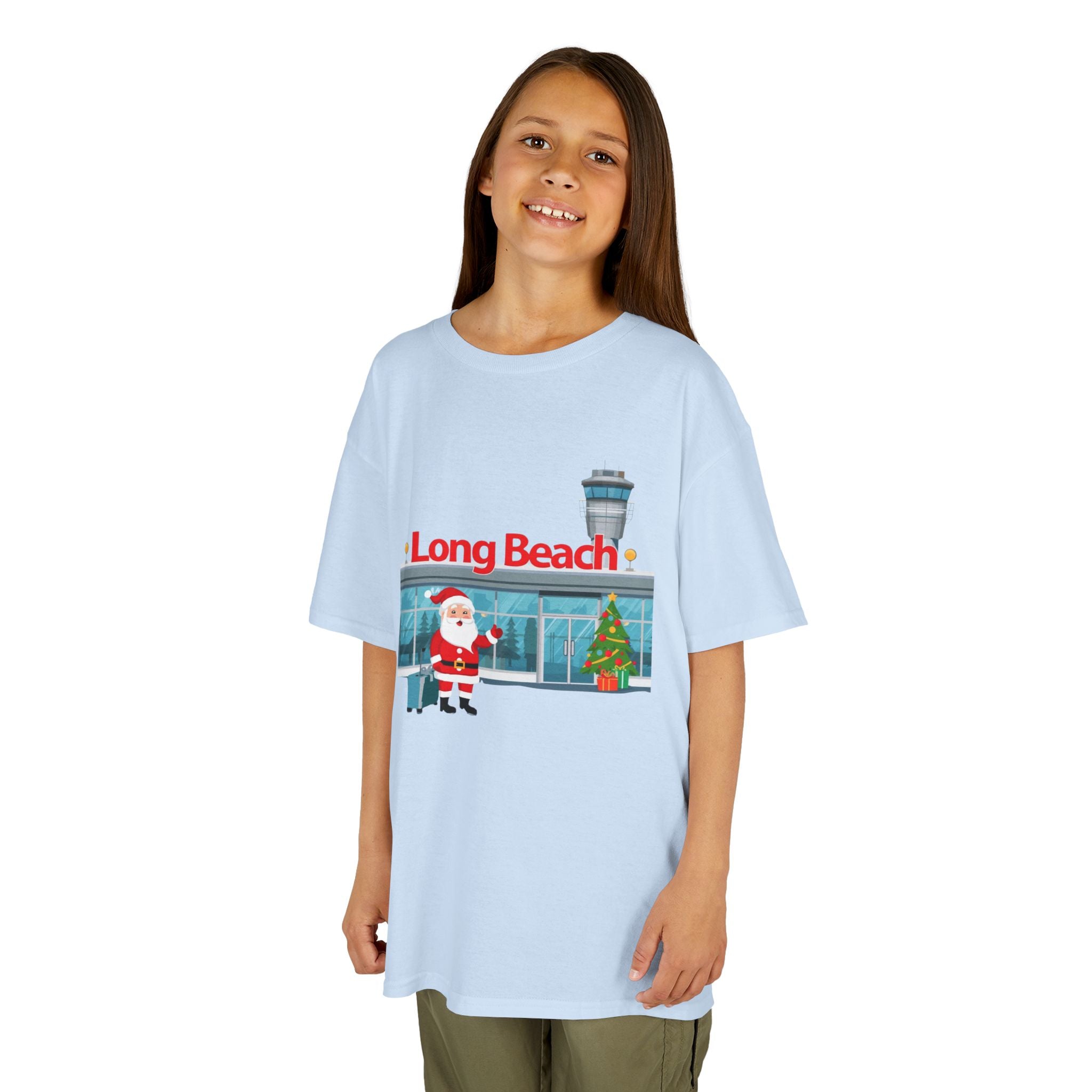 Kids Long Beach Airport Christmas Shirt – Santa Arrival Youth Tee | Cute Holiday Travel Shirt | Santa Luggage Graphic | Gildan 5000B