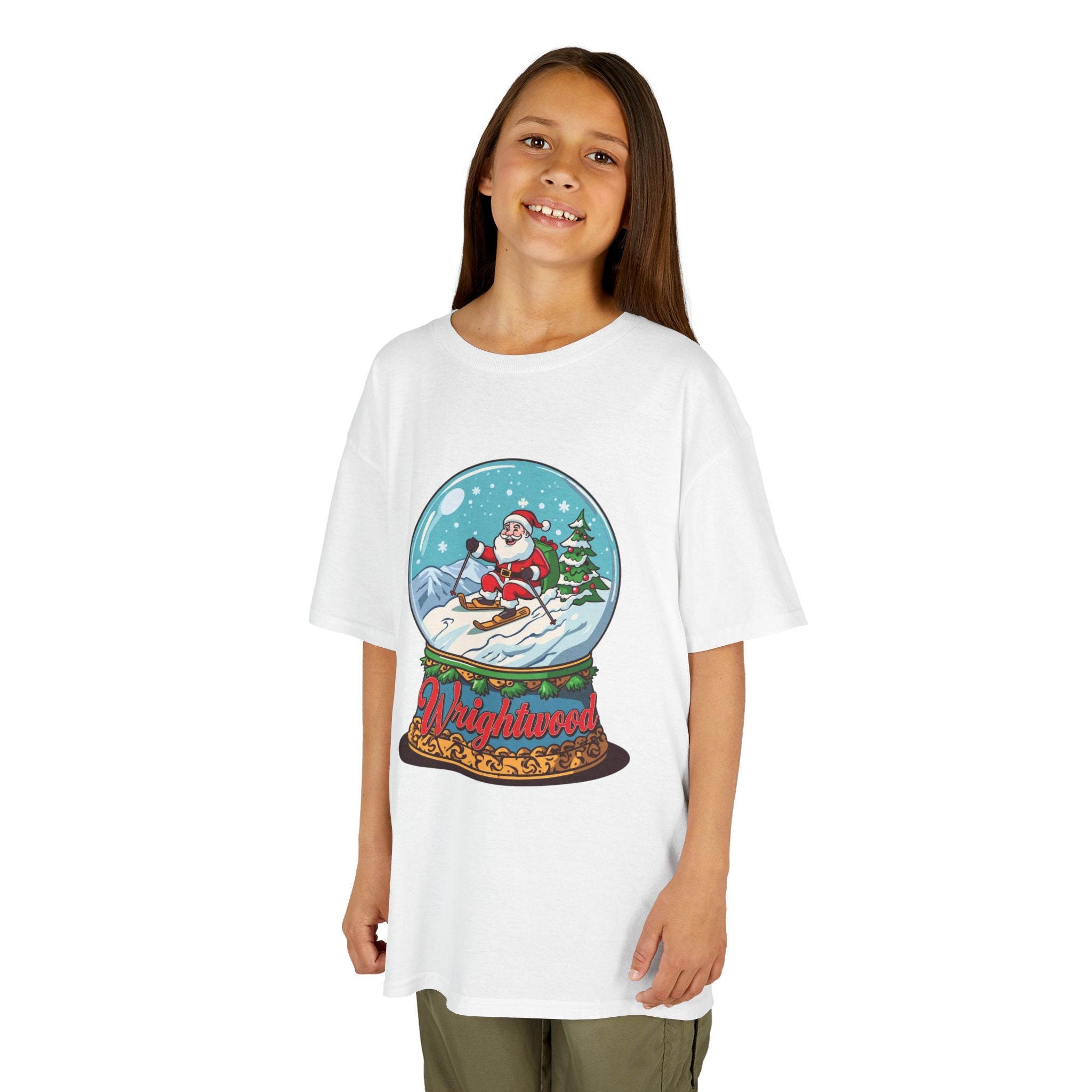 Wrightwood Christmas Kids Shirt – Cute Skiing Santa Snow Globe Tee | Mountain Town Christmas Gift for Kids | Gildan 5000B