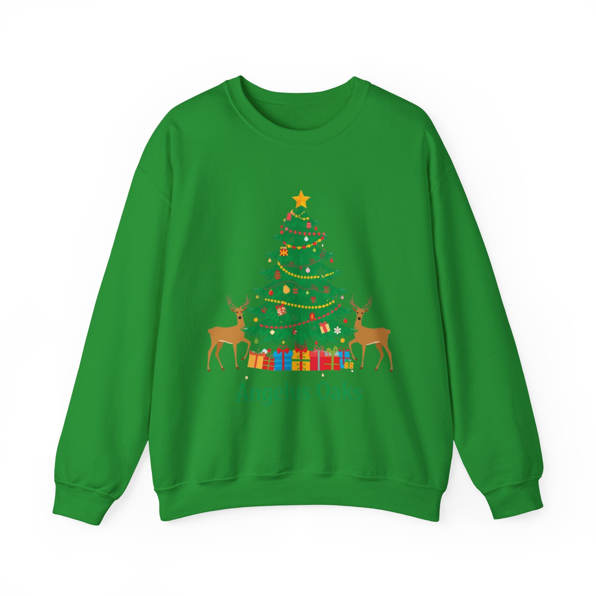Angelus Oaks Christmas Sweatshirt – Christmas Tree & Deer Holiday Crewneck | Mountain Town Christmas Sweater | Gildan 18000
