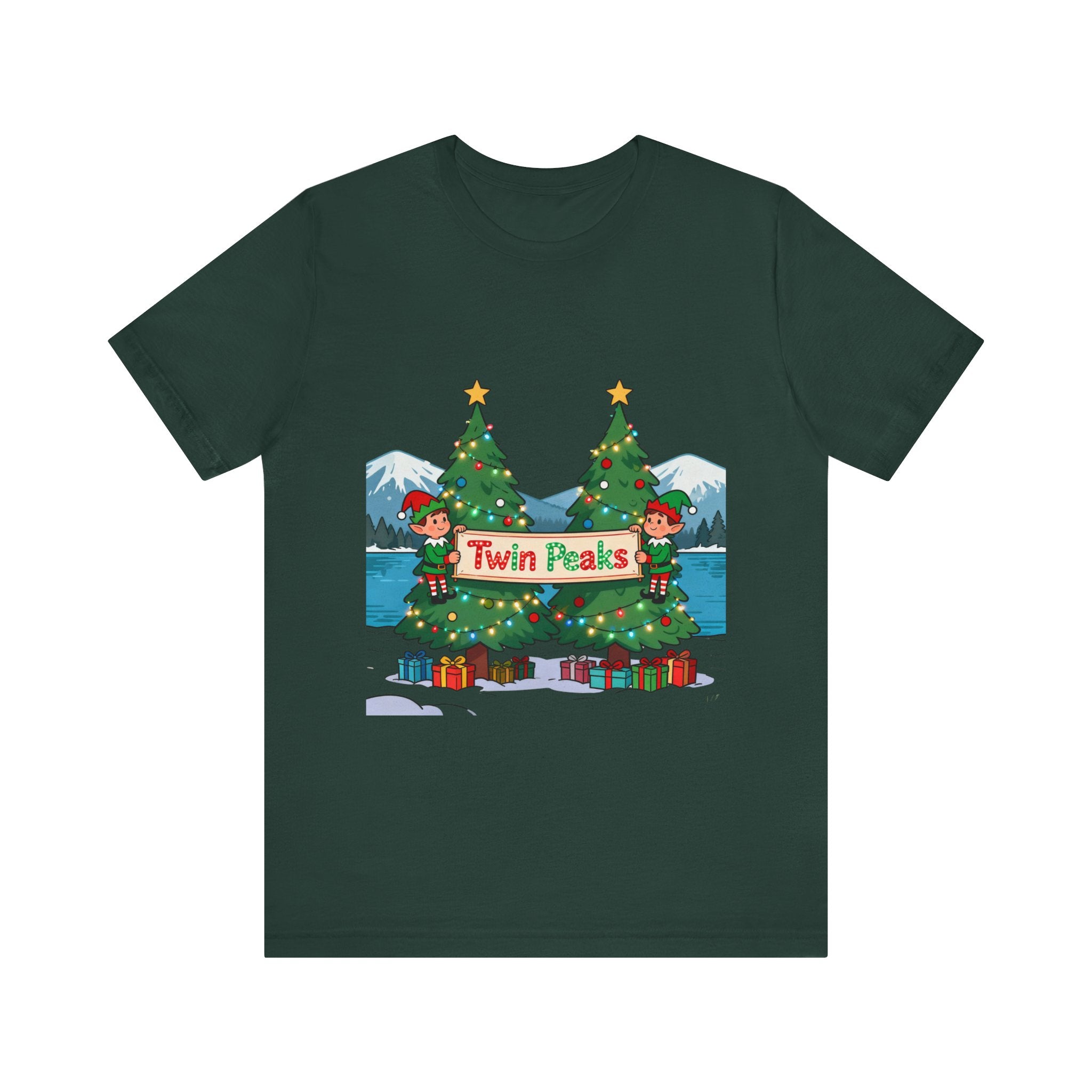 Twin Peaks Christmas Shirt – Festive Elves and Twin Trees Lights Tee | Mountain Town Christmas Gift | Bella Canvas 3001