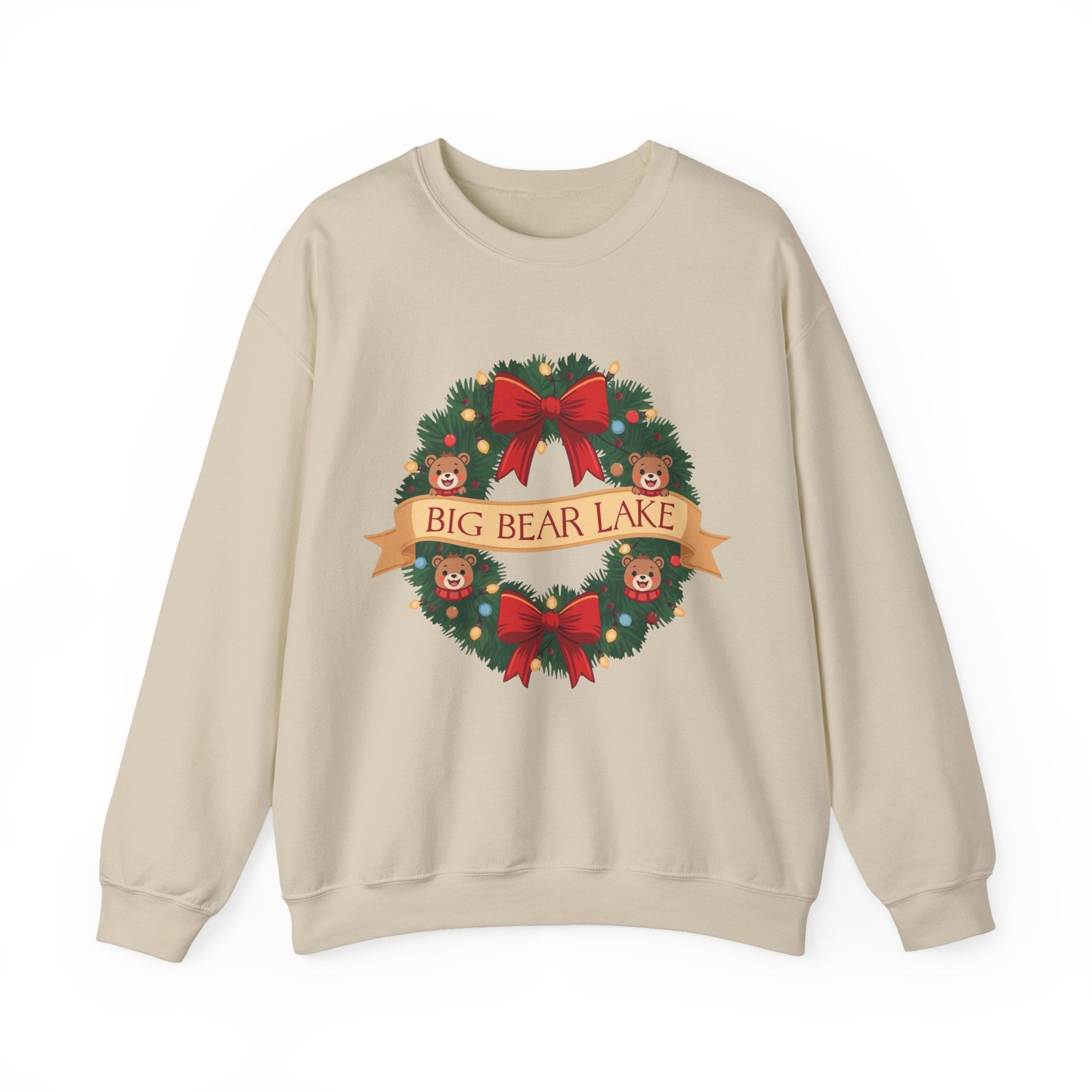 Big Bear Lake Christmas Wreath Sweatshirt — Cute Holiday Bears & Lights | Gildan 18000