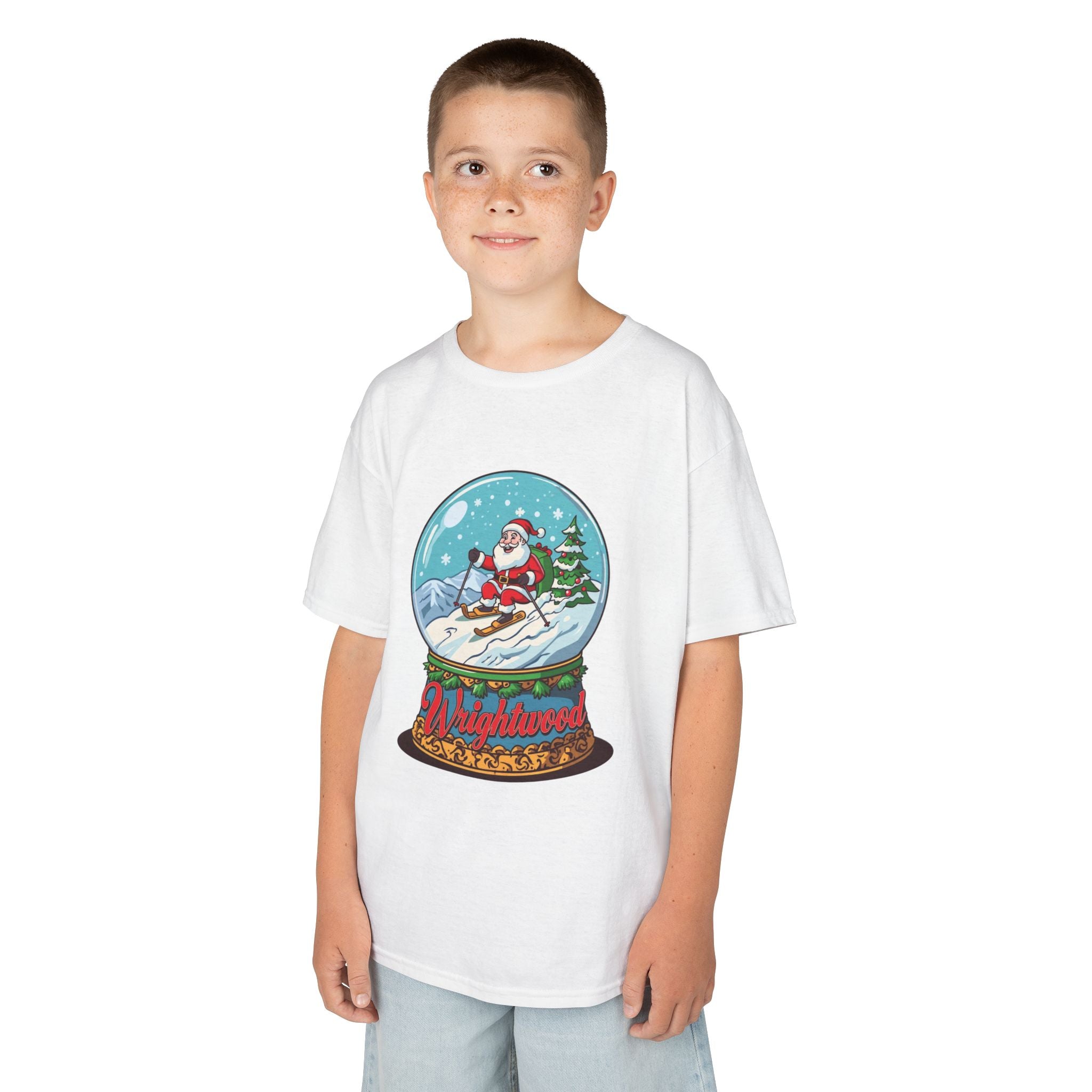 Wrightwood Christmas Kids Shirt – Cute Skiing Santa Snow Globe Tee | Mountain Town Christmas Gift for Kids | Gildan 5000B