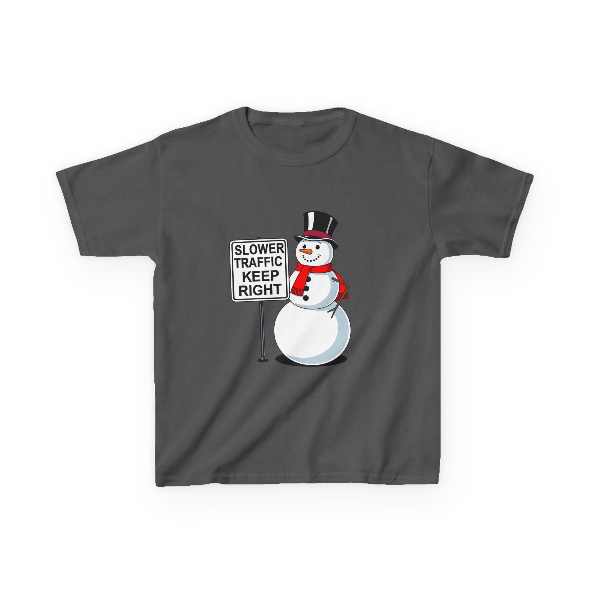 Kids Snowman Slower Traffic Keep Right Shirt – Funny Christmas Road Sign Tee | Holiday Snowman Humor Top | Gildan 5000B