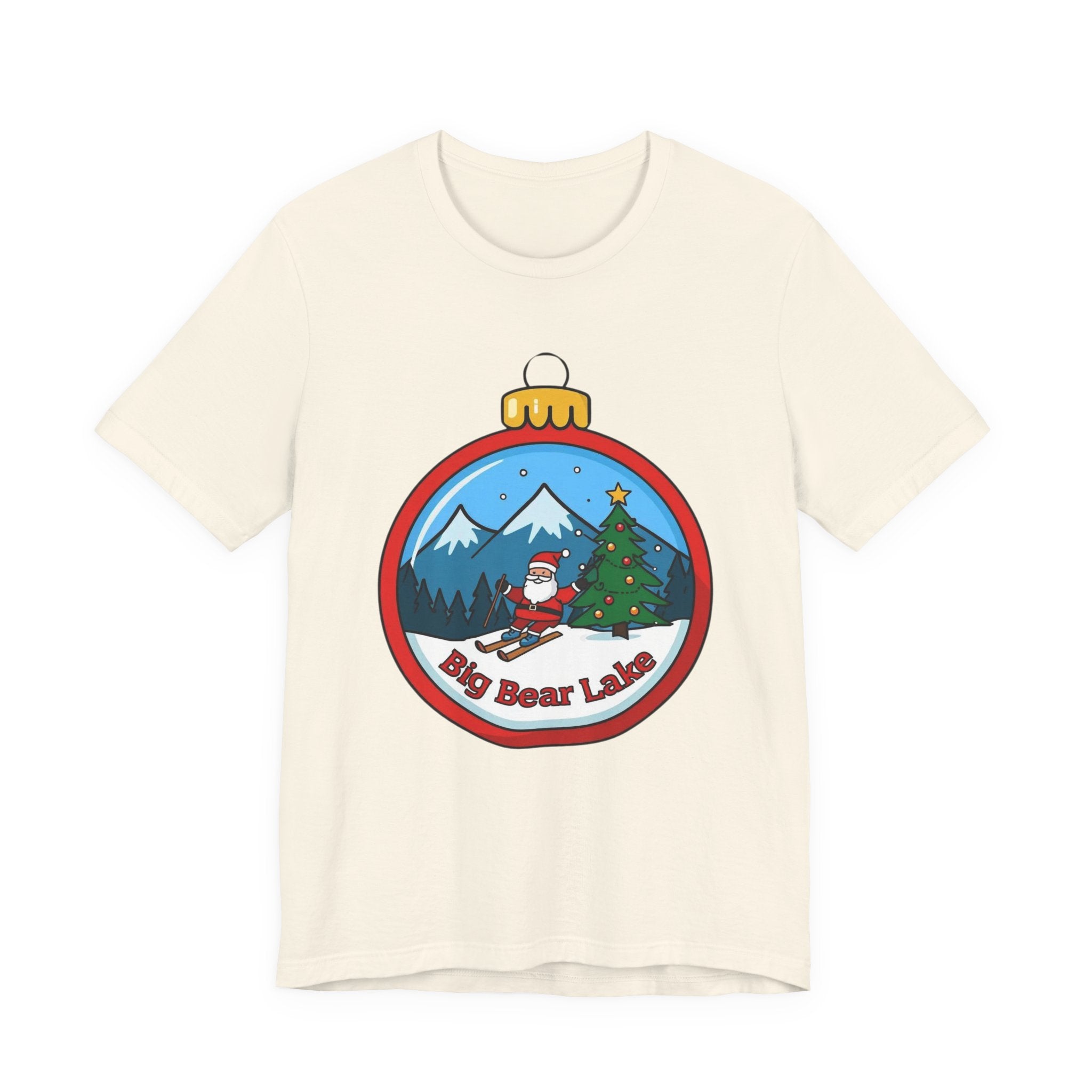 Big Bear Lake Skiing Santa Ornament T-Shirt — Christmas Mountain Holiday Tee | Bella Canvas 3001