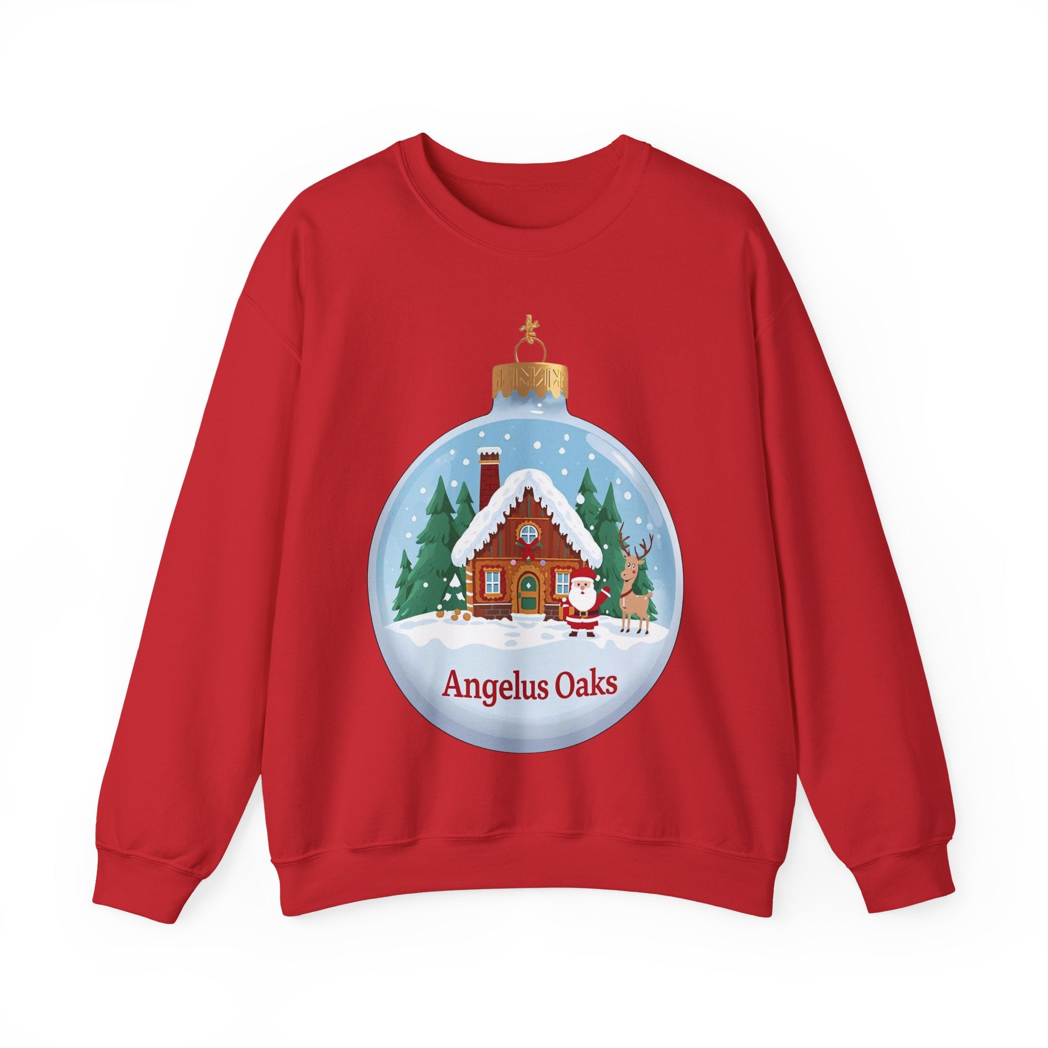 Angelus Oaks Christmas Sweatshirt – Santa & Reindeer Cabin Ornament Crewneck | Mountain Town Holiday Sweater | Gildan 18000