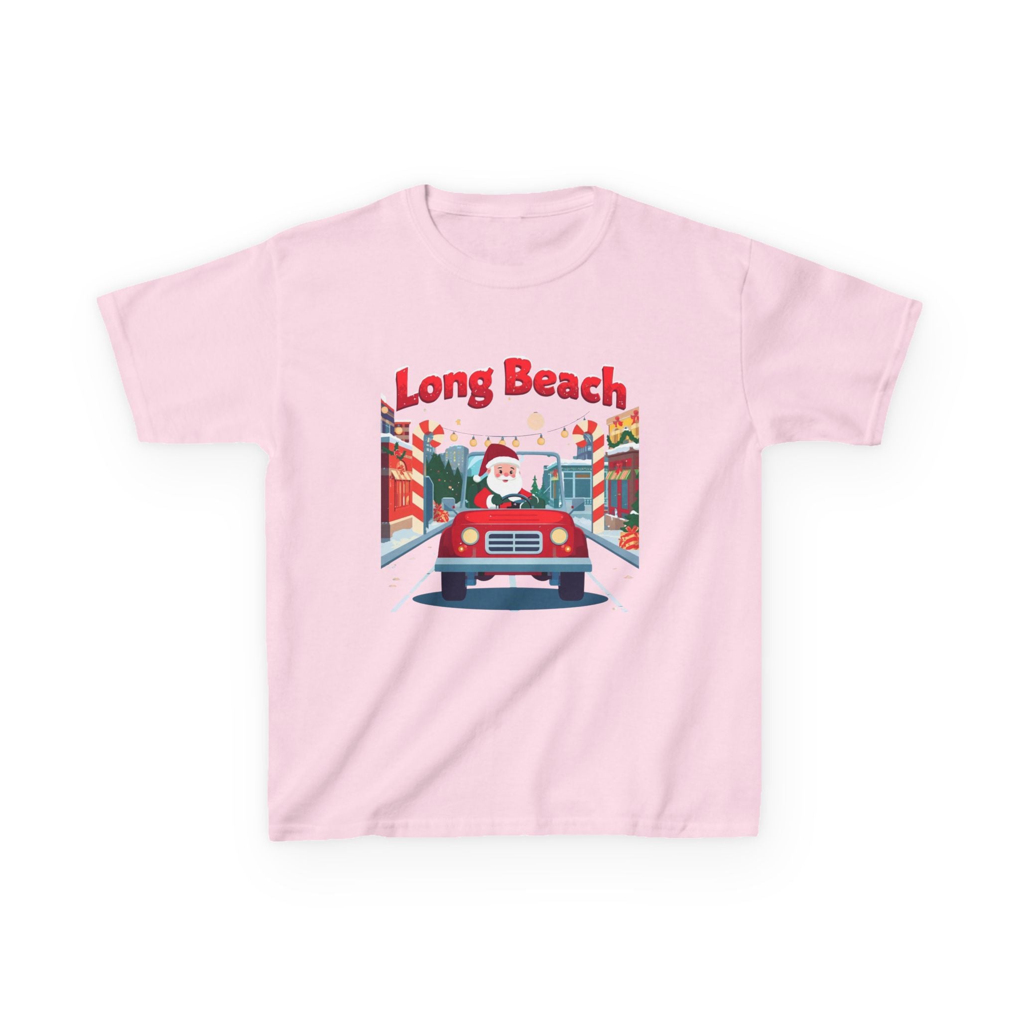 Kids Long Beach Christmas Santa Car Shirt – Cute Holiday Youth Tee | Santa Driving Graphic | California Christmas Kids T-Shirt | Gildan 5000B