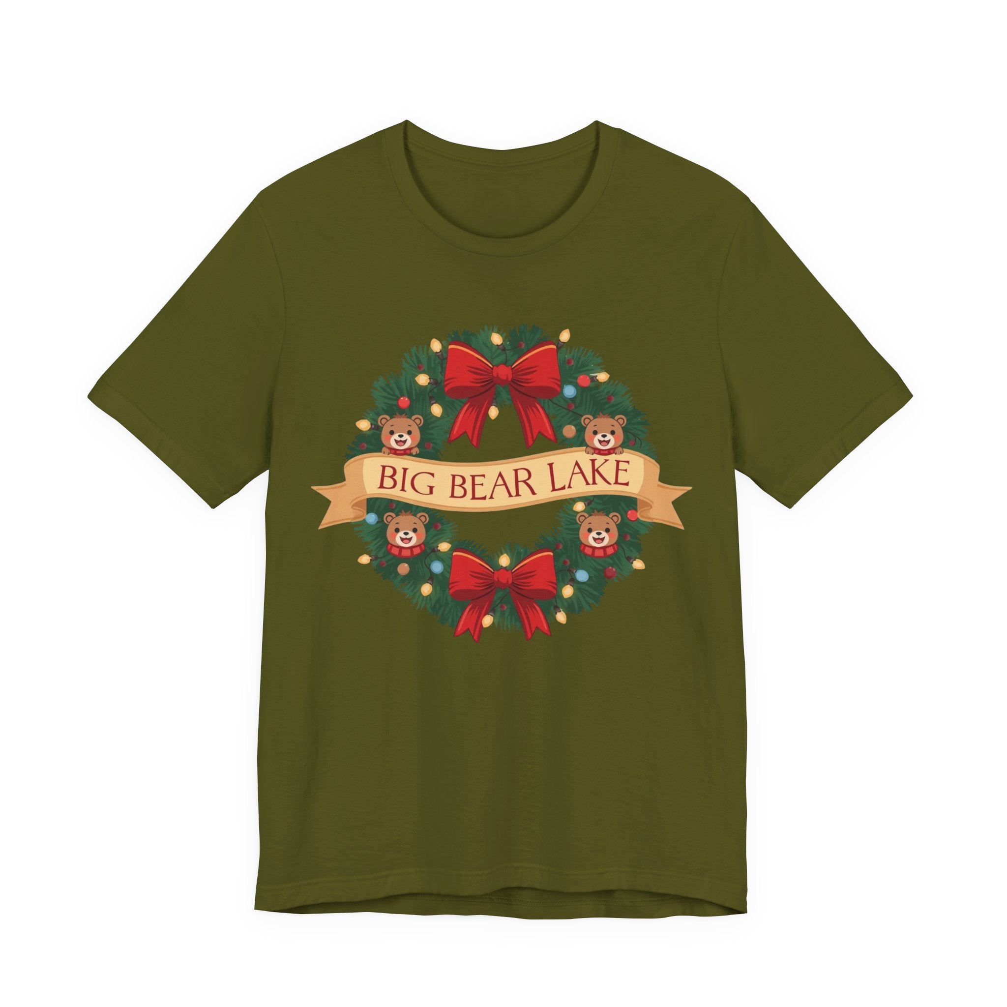 Big Bear Lake Christmas Wreath T-Shirt — Cute Holiday Bears & Lights | Bella Canvas 3001