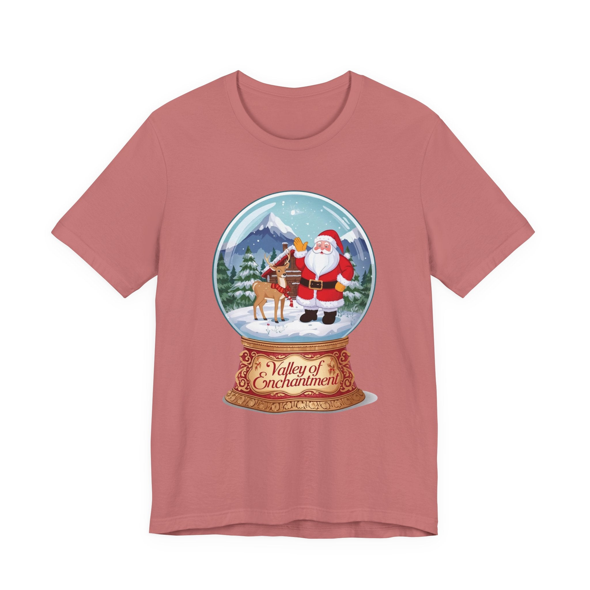 Valley of Enchantment Christmas Shirt – Cute Snow Globe Santa & Reindeer Cabin Tee | Mountain Town Christmas Gift | Bella Canvas 3001
