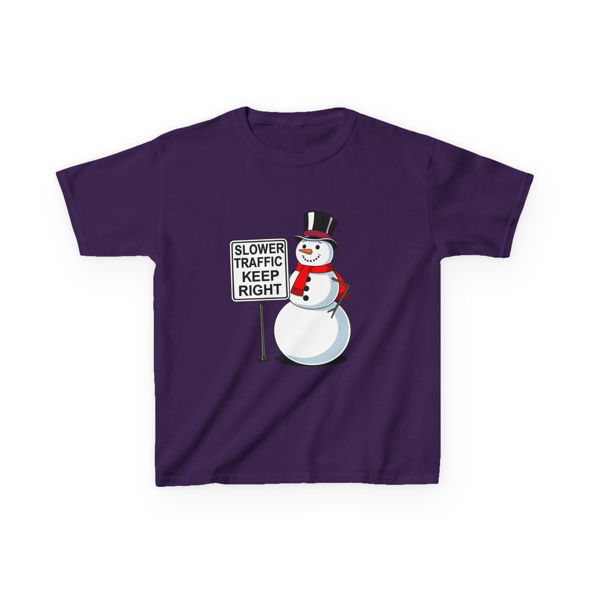 Kids Snowman Slower Traffic Keep Right Shirt – Funny Christmas Road Sign Tee | Holiday Snowman Humor Top | Gildan 5000B