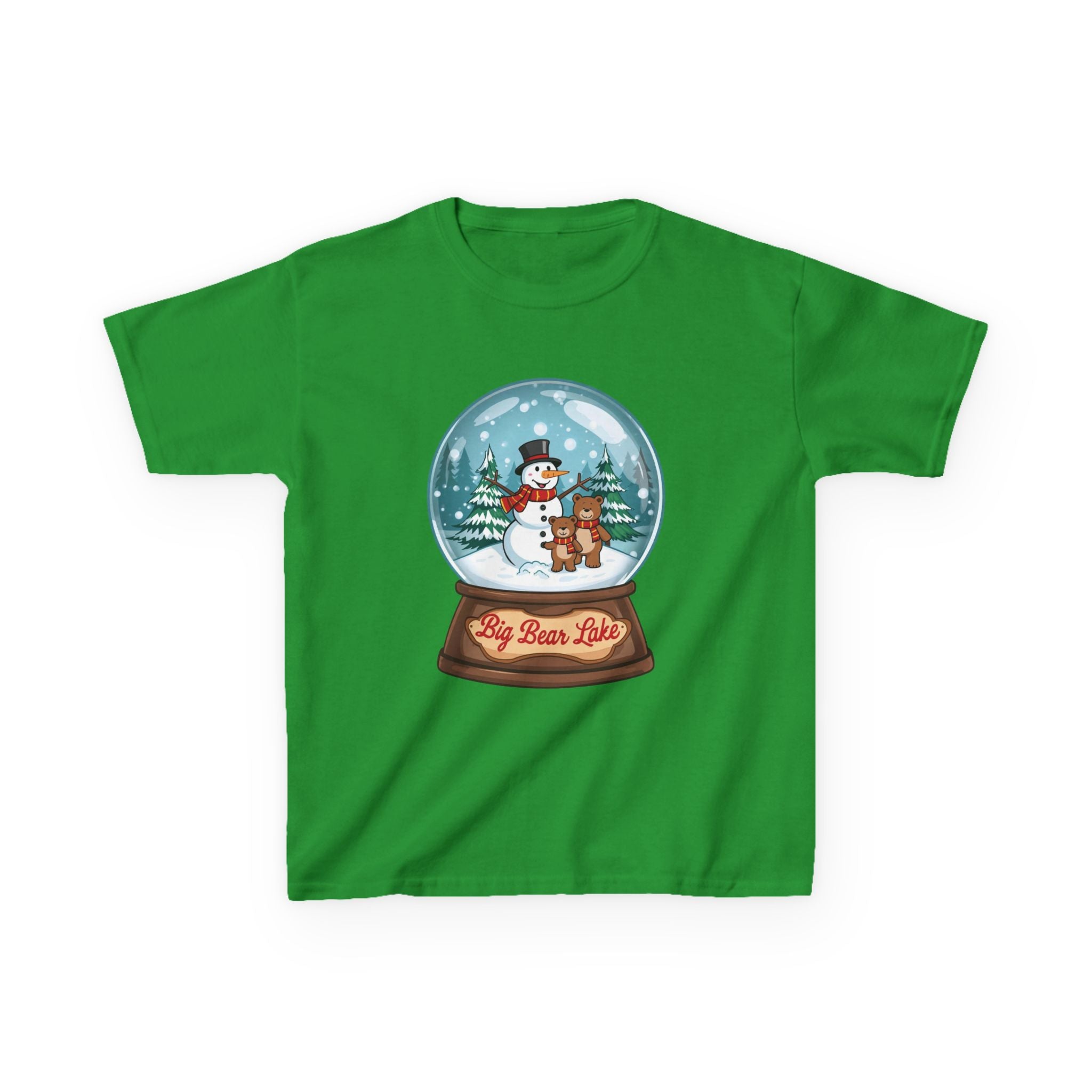 Big Bear Lake Snow Globe Kids Christmas Shirt – Cute Snowman & Bear Holiday Tee | Mountain Winter Cabin Gift | Christmas Kids Tee | Gildan 5000B