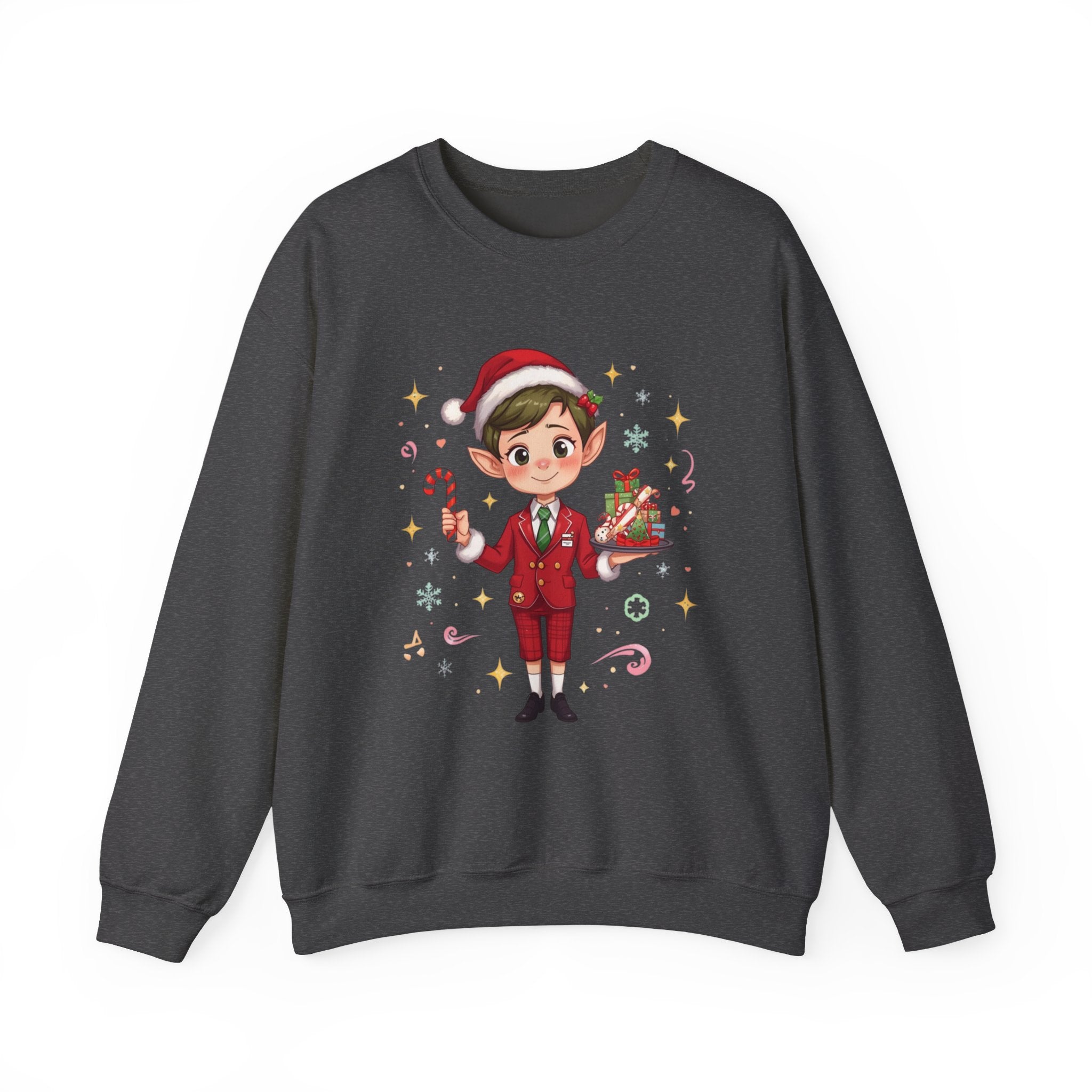 Christmas Cabin Elf Crewneck Sweatshirt — Cute Holiday Elf Holding Candy Cane & Gifts