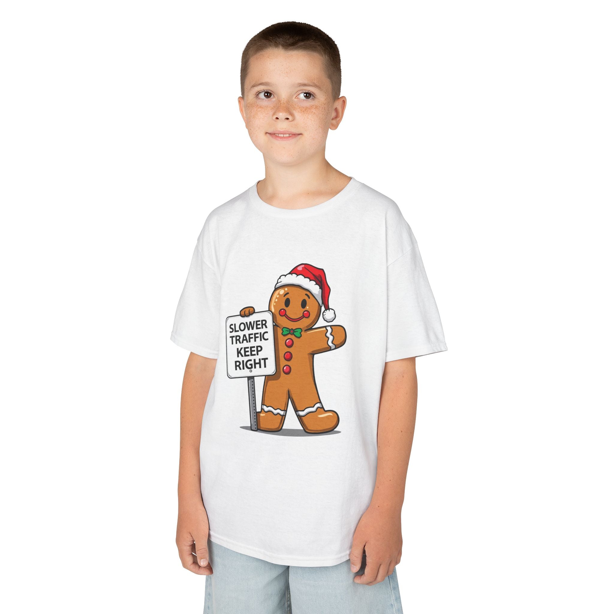 Funny Gingerbread Traffic Kids Christmas Shirt – Slower Traffic Keep Right Holiday Tee | Cute Gingerbread Man Humor | Gildan 5000B