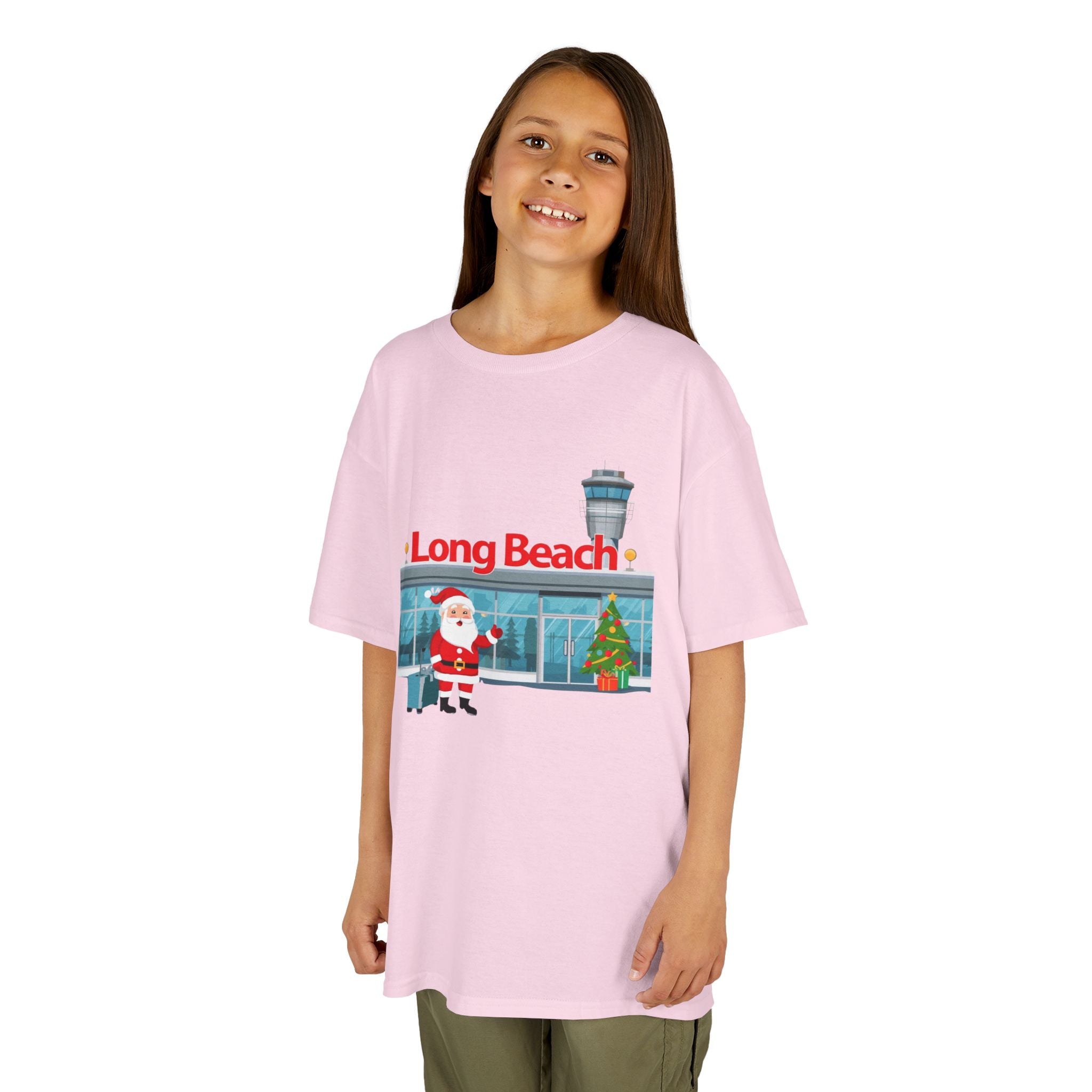 Kids Long Beach Airport Christmas Shirt – Santa Arrival Youth Tee | Cute Holiday Travel Shirt | Santa Luggage Graphic | Gildan 5000B