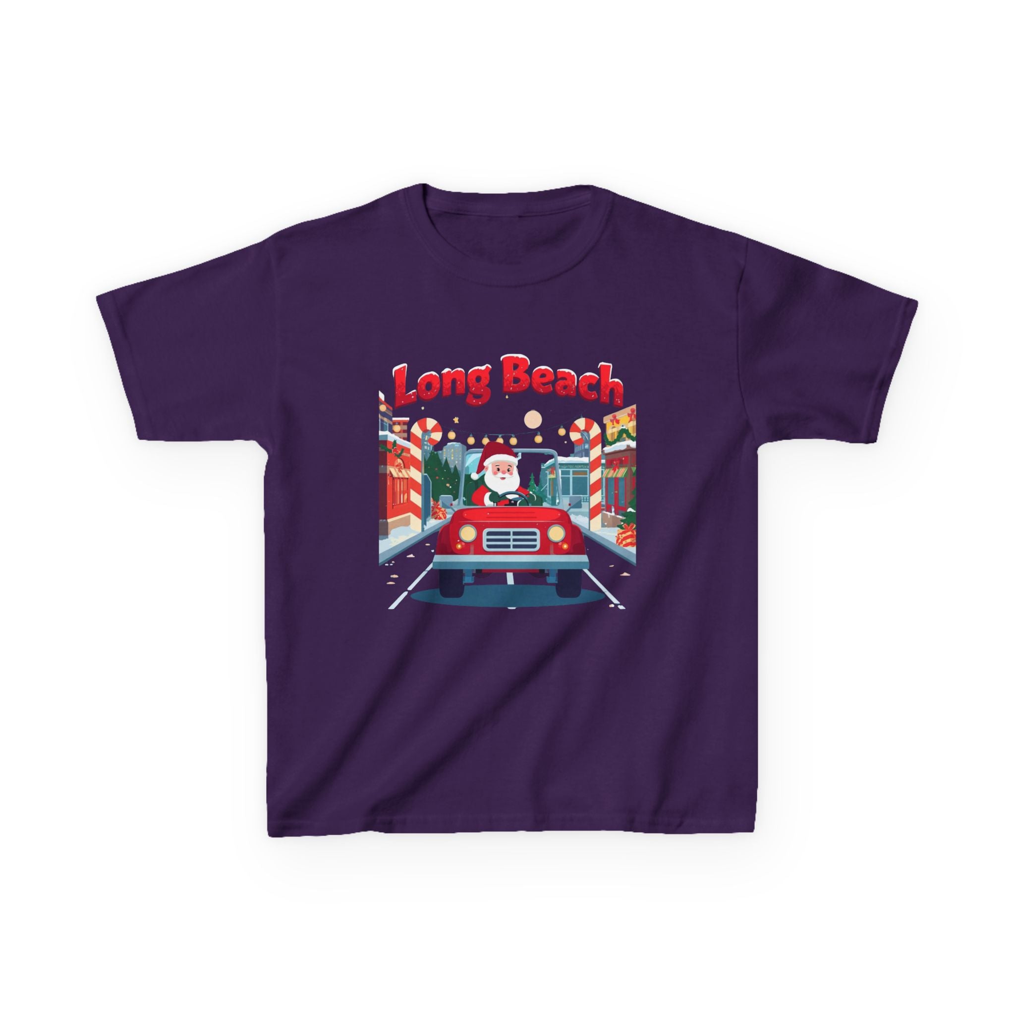 Kids Long Beach Christmas Santa Car Shirt – Cute Holiday Youth Tee | Santa Driving Graphic | California Christmas Kids T-Shirt | Gildan 5000B