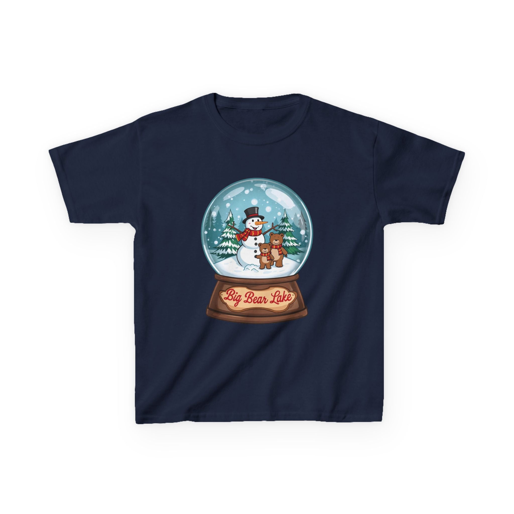 Big Bear Lake Snow Globe Kids Christmas Shirt – Cute Snowman & Bear Holiday Tee | Mountain Winter Cabin Gift | Christmas Kids Tee | Gildan 5000B