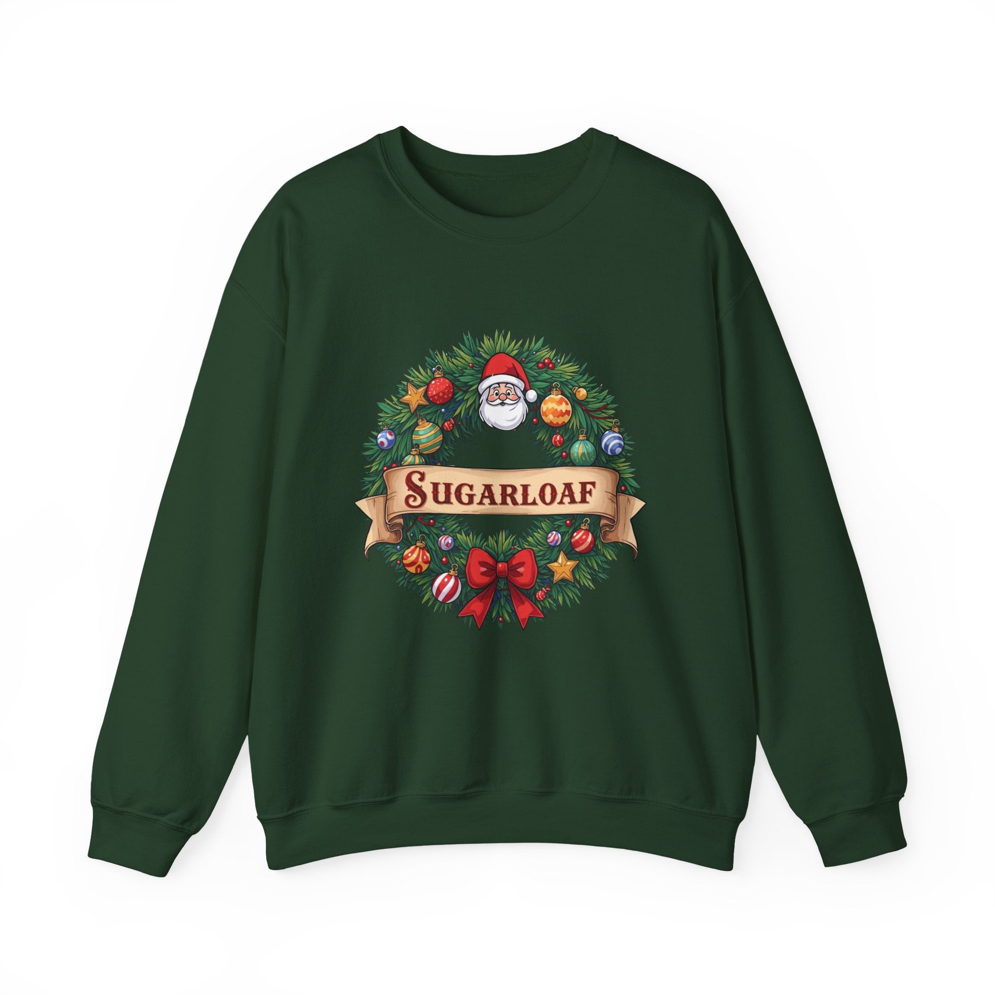 Sugarloaf Christmas Sweatshirt  – Festive Santa Wreath & Ornaments Tee | Mountain Town Christmas Gift | Gildan 18000