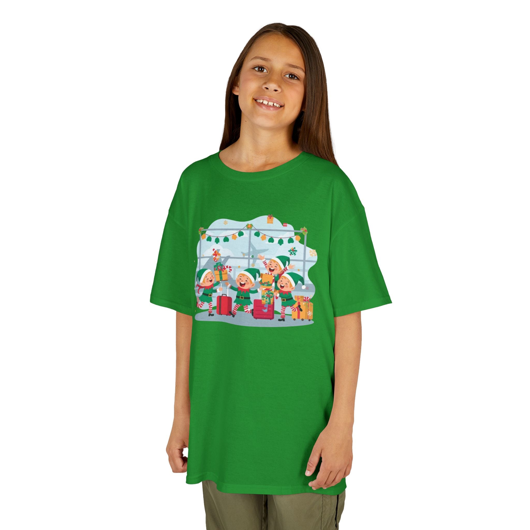 Kids Christmas Elves Airport Shirt — Cute Holiday Travel T-Shirt | Gildan 5000B