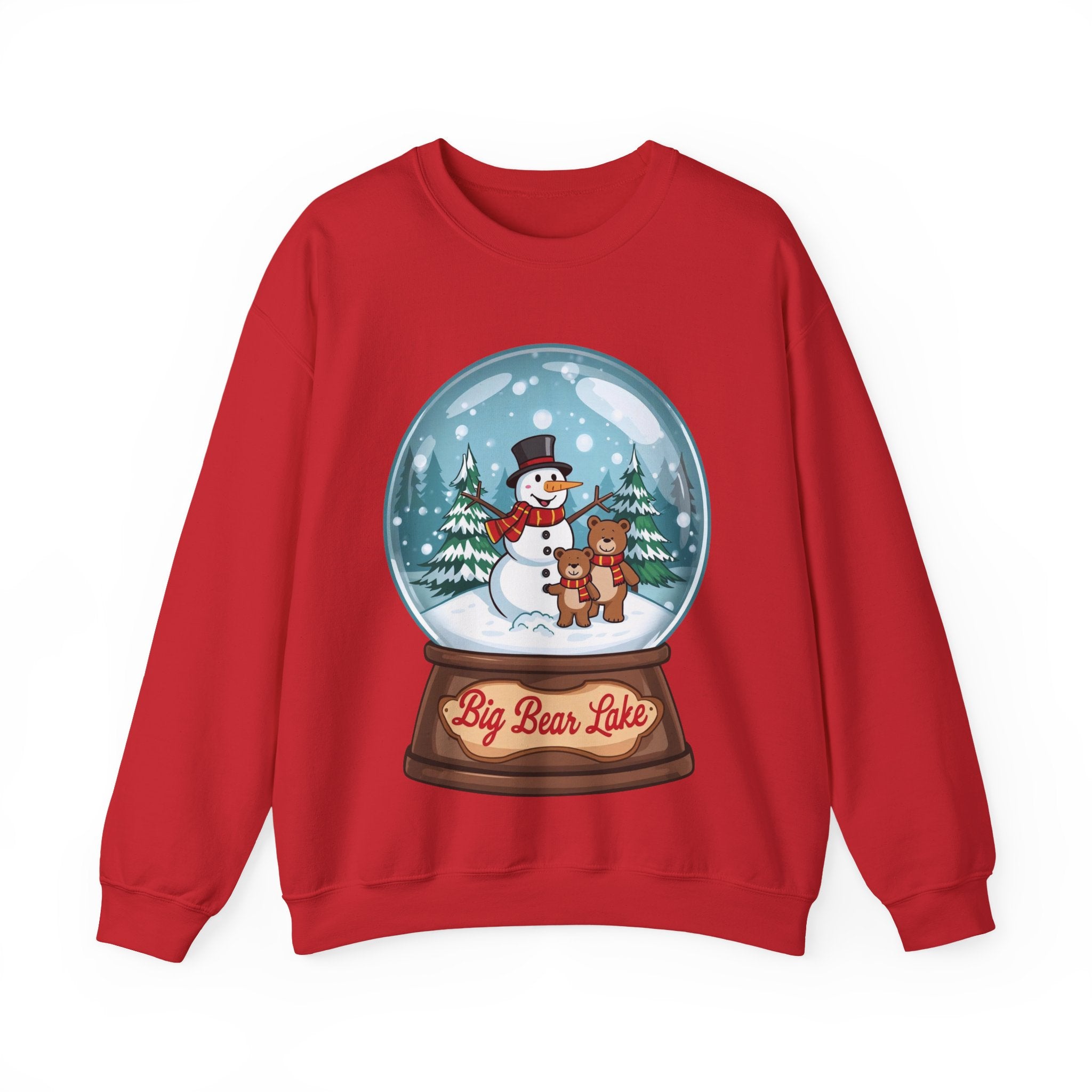 Big Bear Lake Snow Globe Christmas Sweatshirt – Cute Snowman & Bears Winter Crewneck | Holiday Mountain Gift | California Xmas Sweater | Gildan 18000