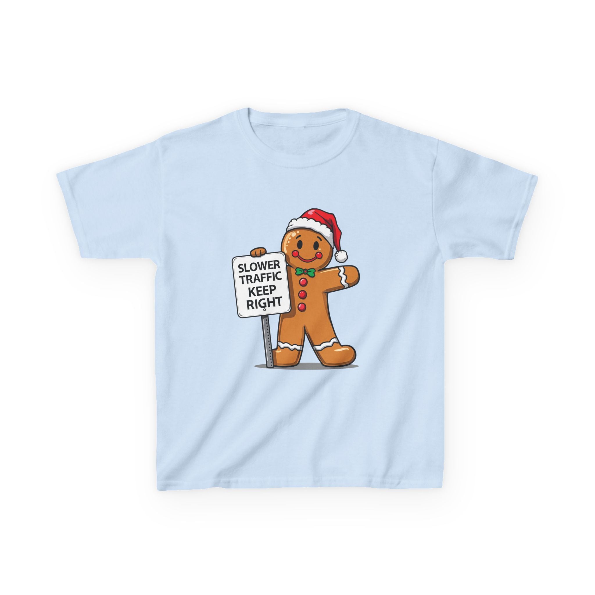 Funny Gingerbread Traffic Kids Christmas Shirt – Slower Traffic Keep Right Holiday Tee | Cute Gingerbread Man Humor | Gildan 5000B