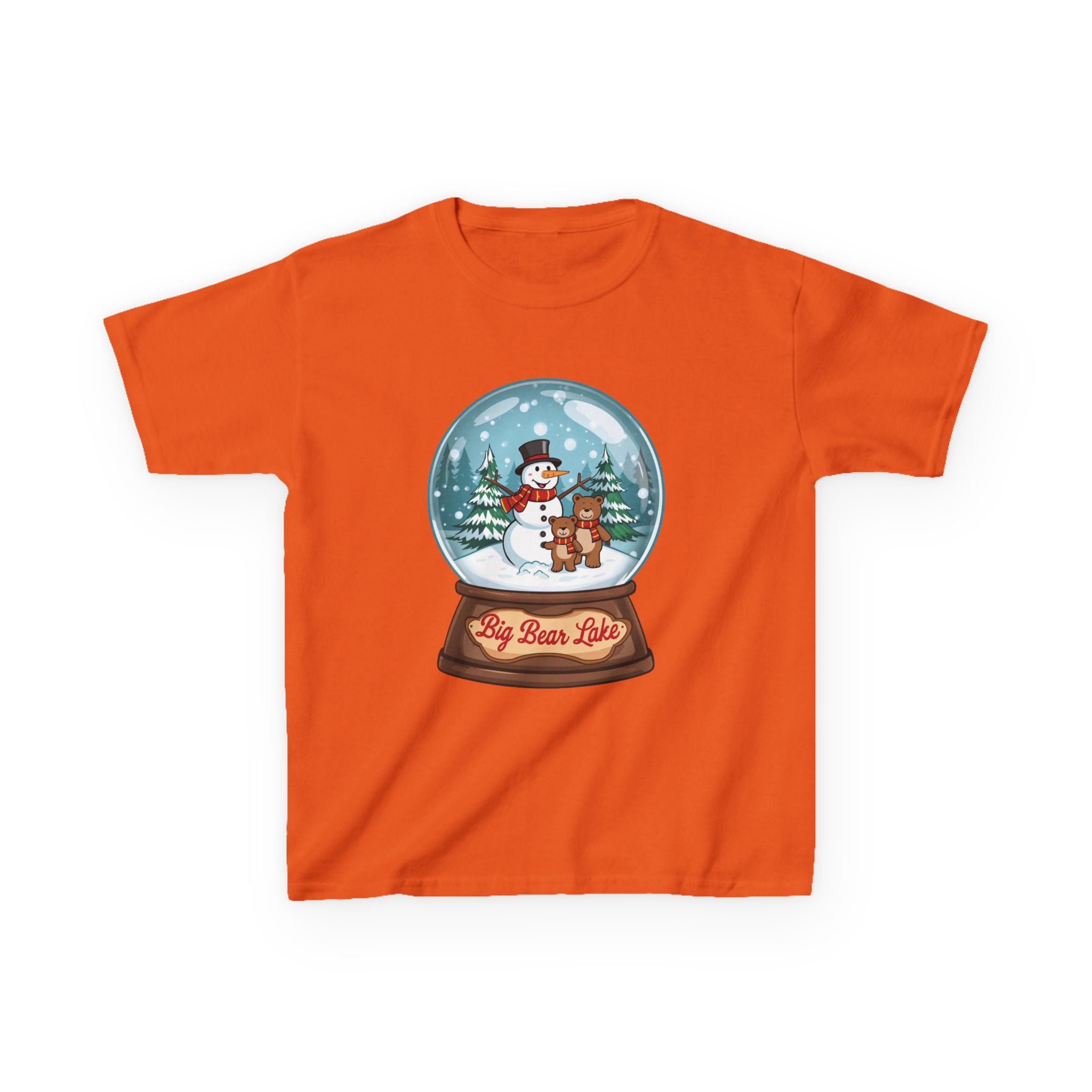Big Bear Lake Snow Globe Kids Christmas Shirt – Cute Snowman & Bear Holiday Tee | Mountain Winter Cabin Gift | Christmas Kids Tee | Gildan 5000B