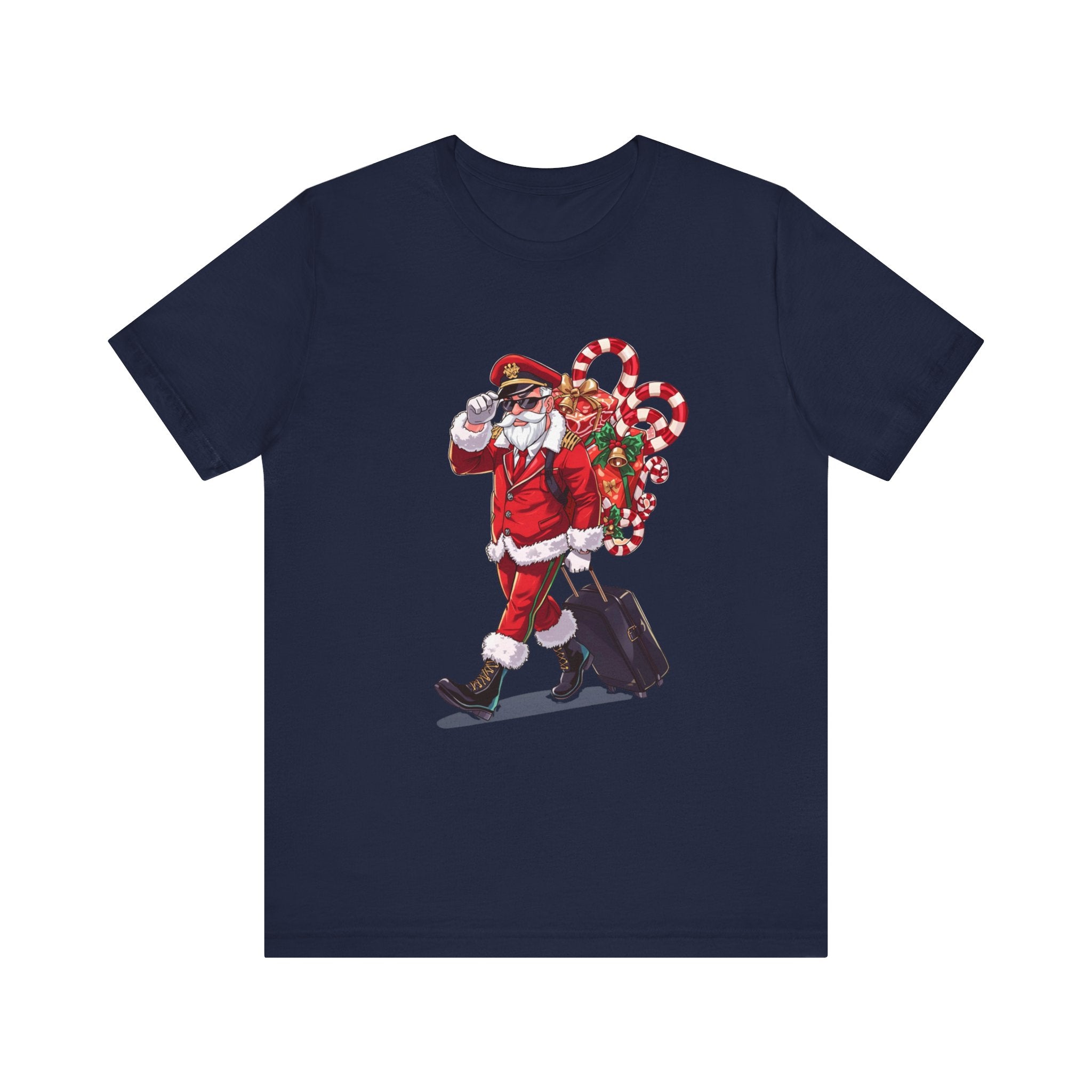 Saucy Santa Pilot T‑Shirt — Vintage Christmas Santa with Candy Cane Sack