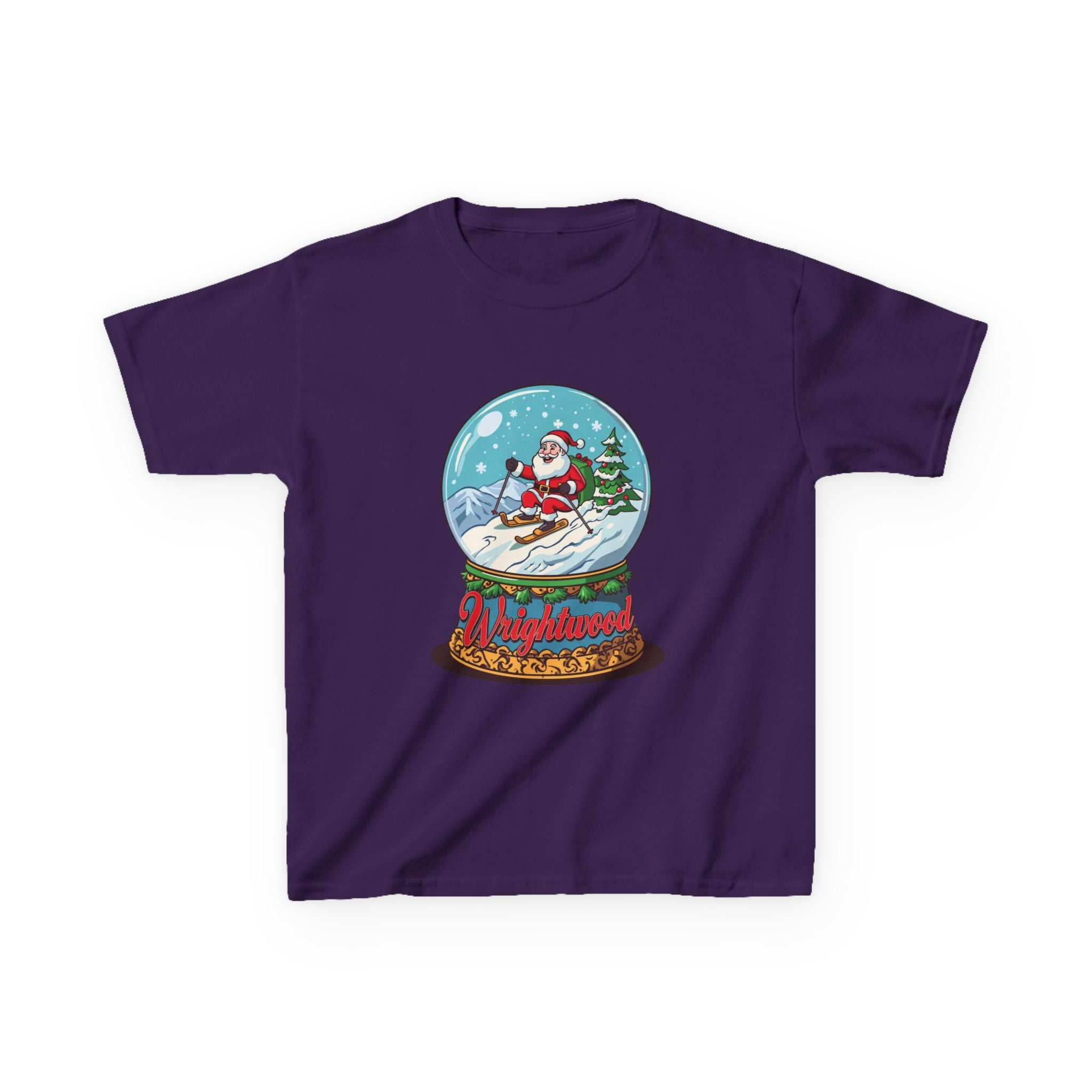 Wrightwood Christmas Kids Shirt – Cute Skiing Santa Snow Globe Tee | Mountain Town Christmas Gift for Kids | Gildan 5000B