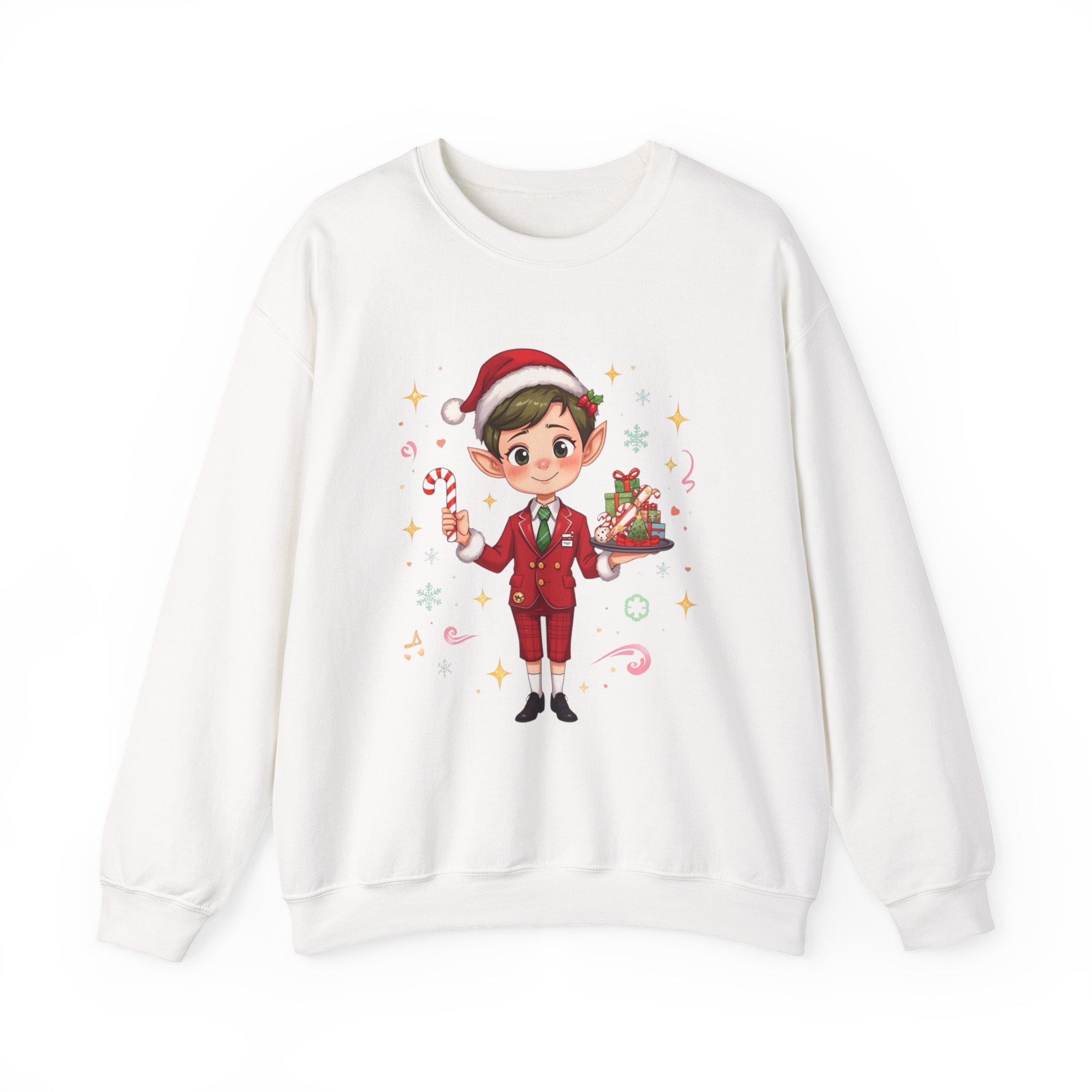 Christmas Cabin Elf Crewneck Sweatshirt — Cute Holiday Elf Holding Candy Cane & Gifts