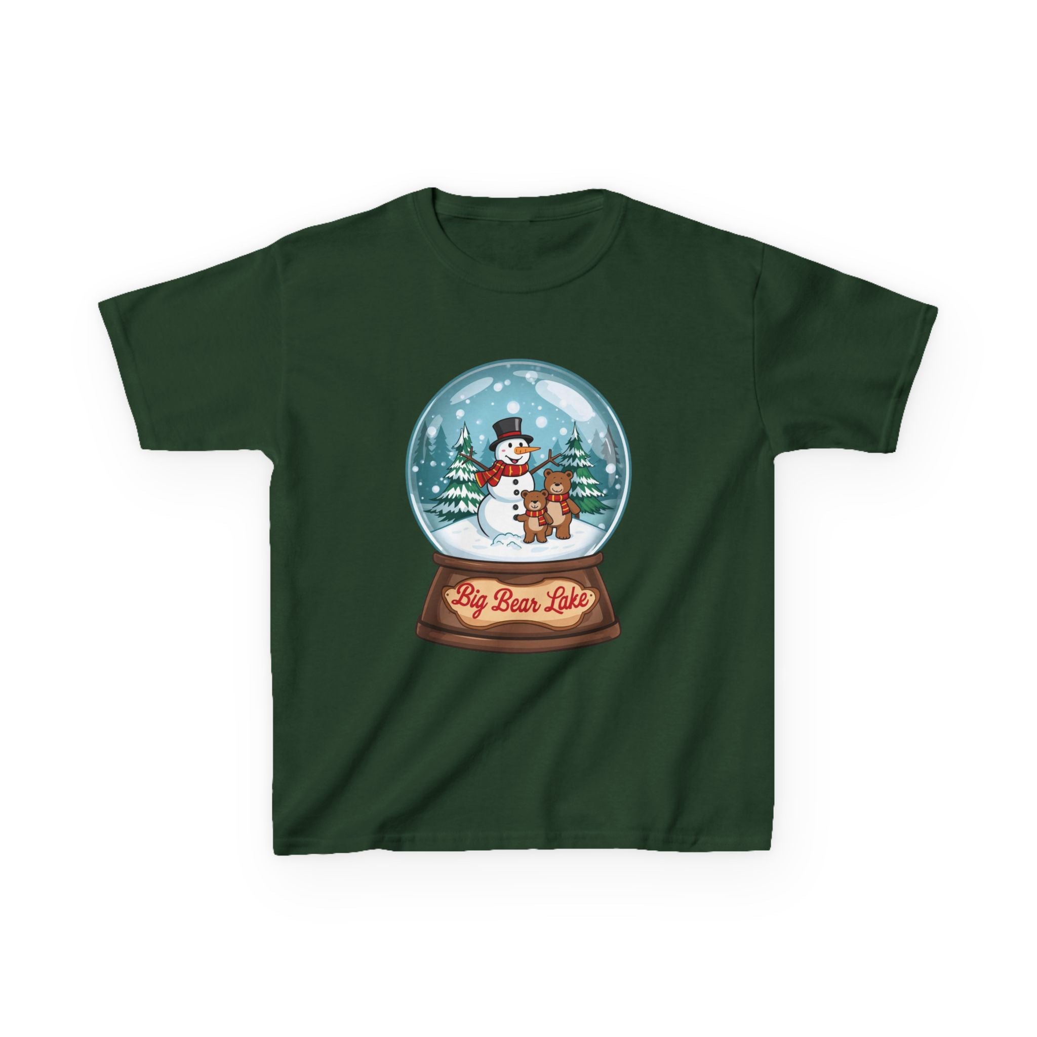 Big Bear Lake Snow Globe Kids Christmas Shirt – Cute Snowman & Bear Holiday Tee | Mountain Winter Cabin Gift | Christmas Kids Tee | Gildan 5000B