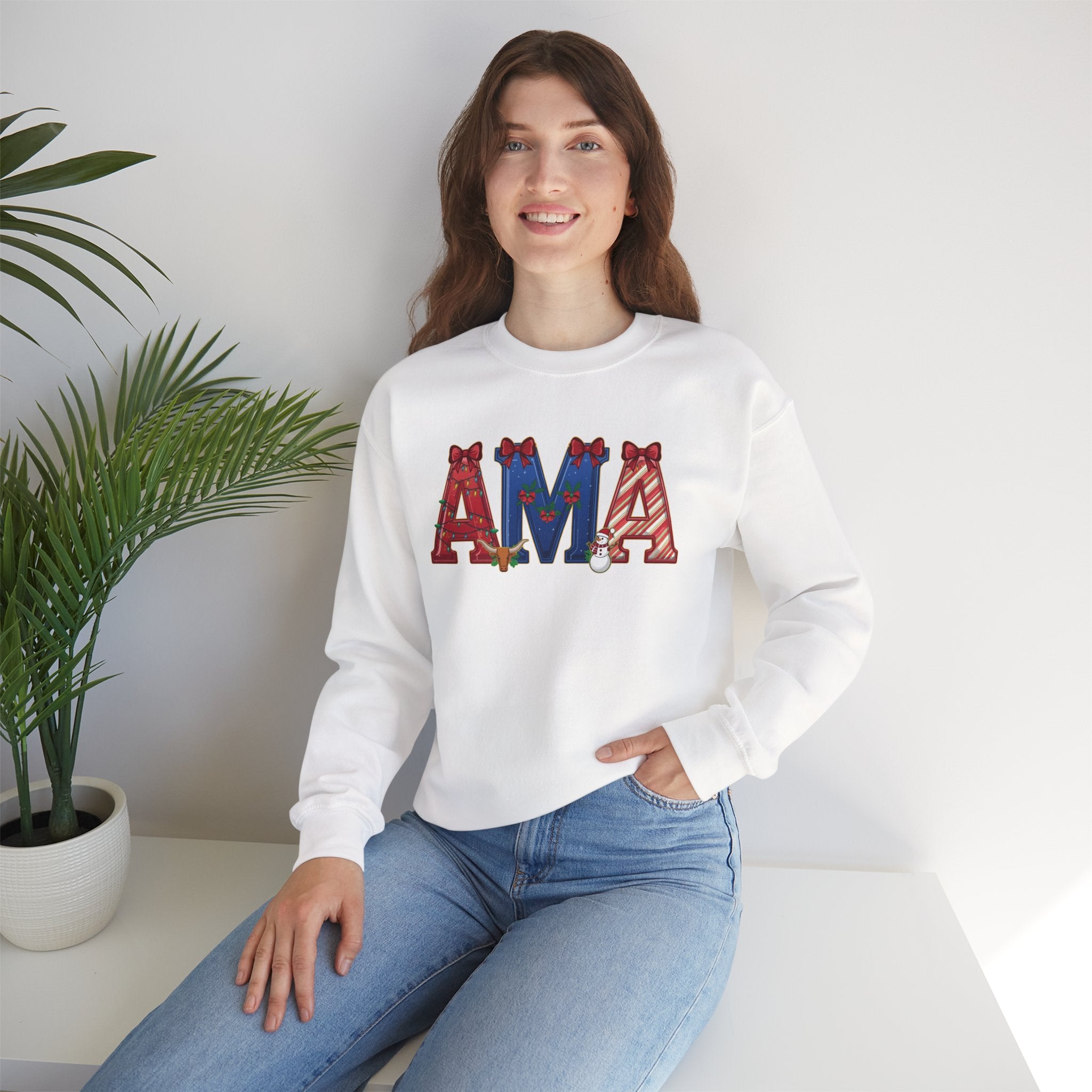 AMA Christmas Sweatshirt – Festive Holiday Airport Code Crewneck | Winter Travel Gift | Gildan 18000