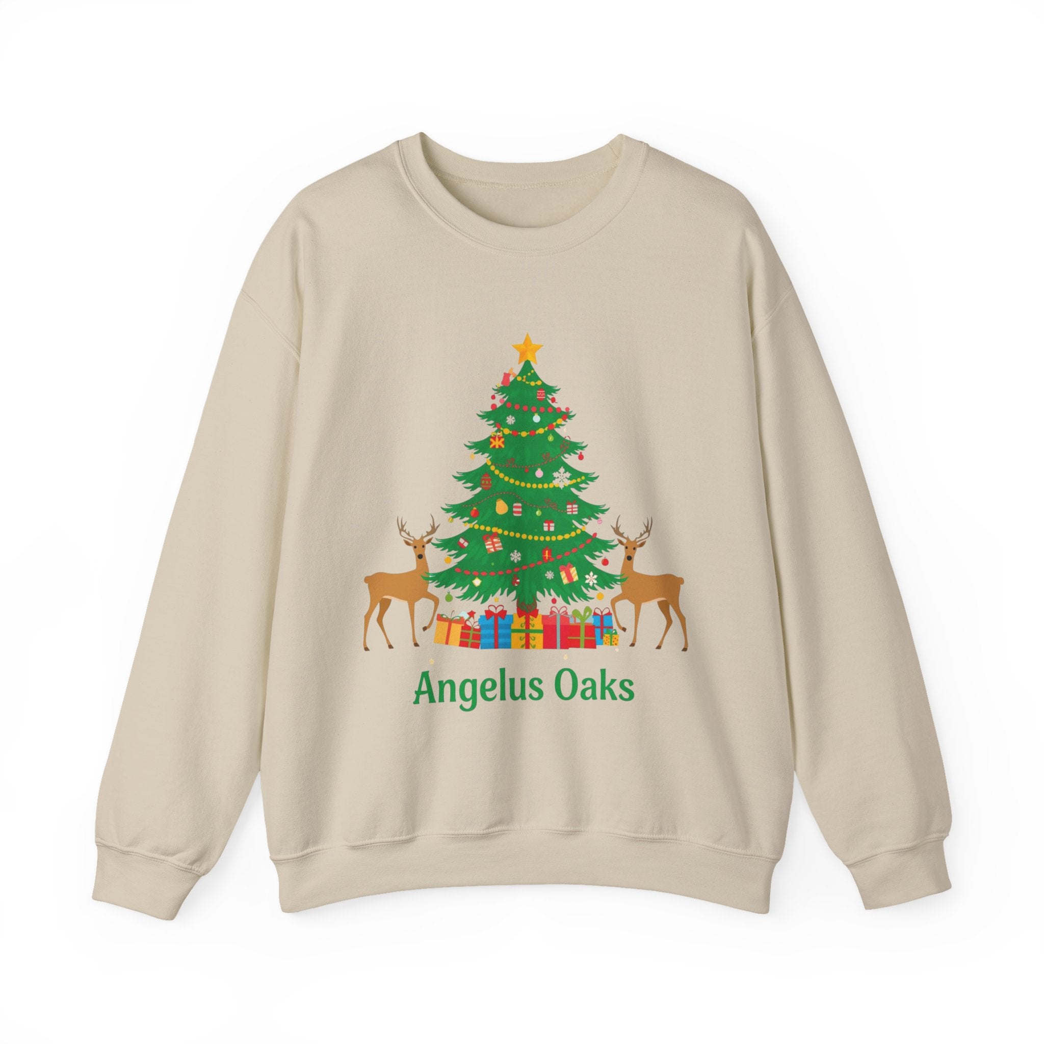 Angelus Oaks Christmas Sweatshirt – Christmas Tree & Deer Holiday Crewneck | Mountain Town Christmas Sweater | Gildan 18000