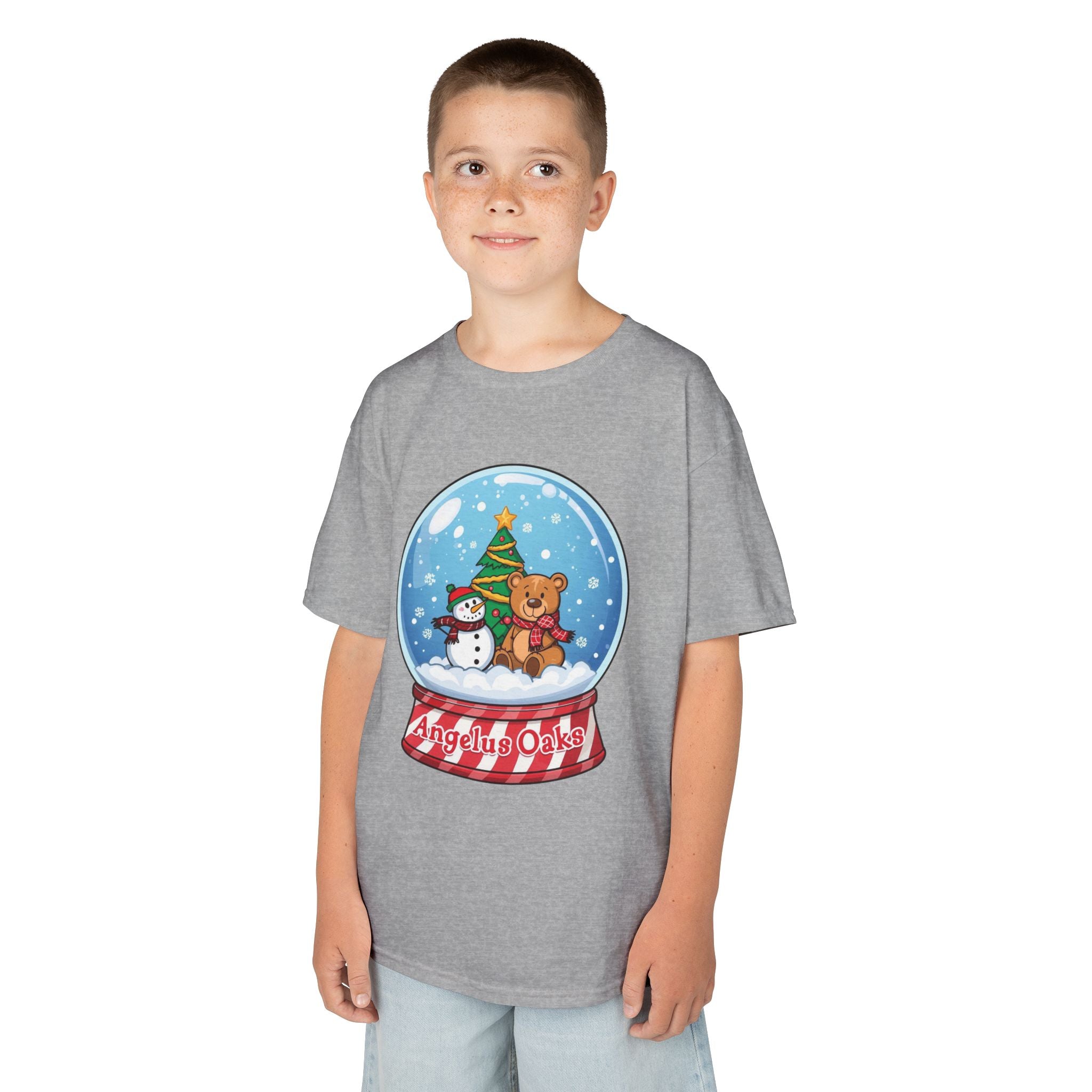 Kids Angelus Oaks Christmas Shirt – Snow Globe Bear & Snowman Youth Tee | Cute Winter Holiday Shirt | Gildan 5000B