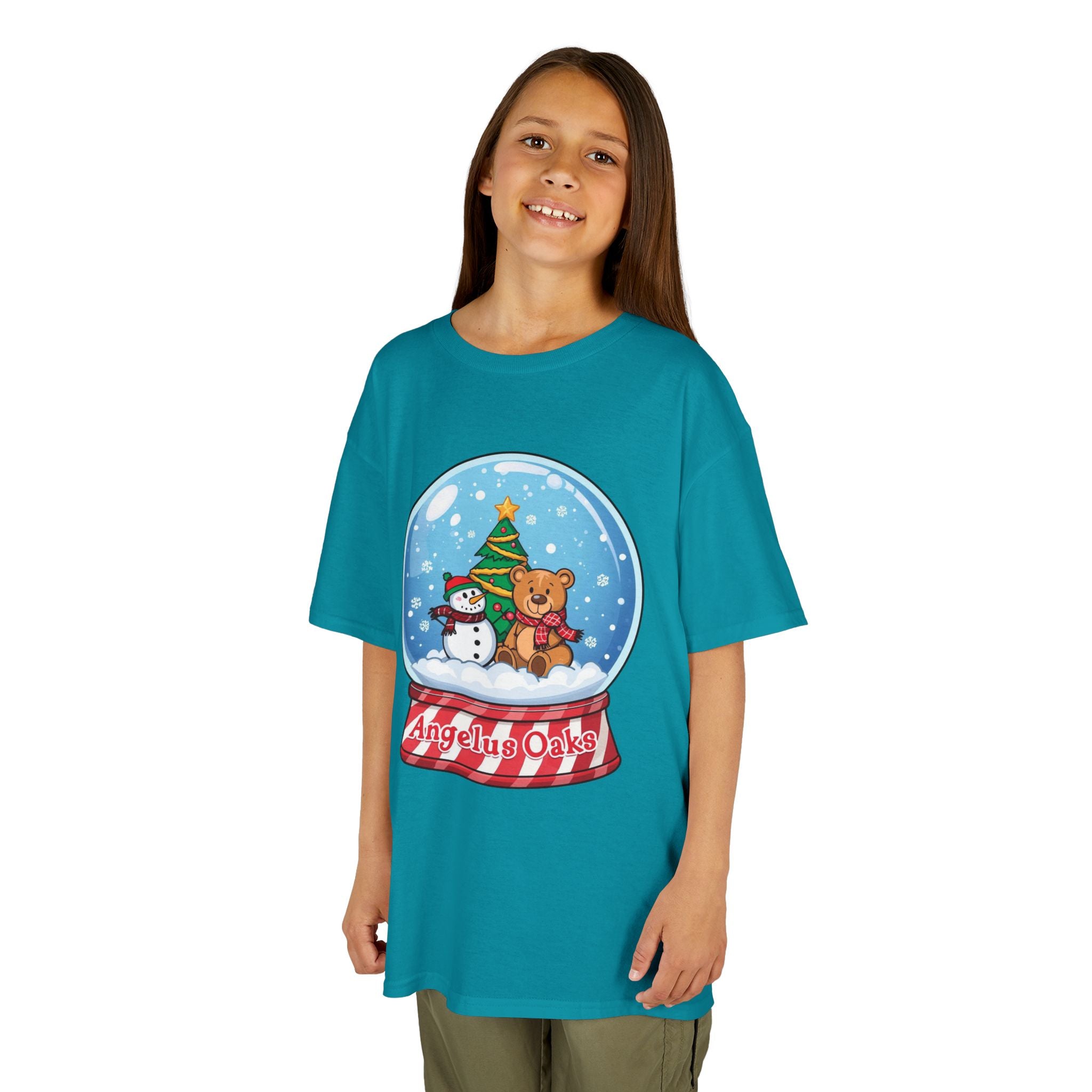 Kids Angelus Oaks Christmas Shirt – Snow Globe Bear & Snowman Youth Tee | Cute Winter Holiday Shirt | Gildan 5000B